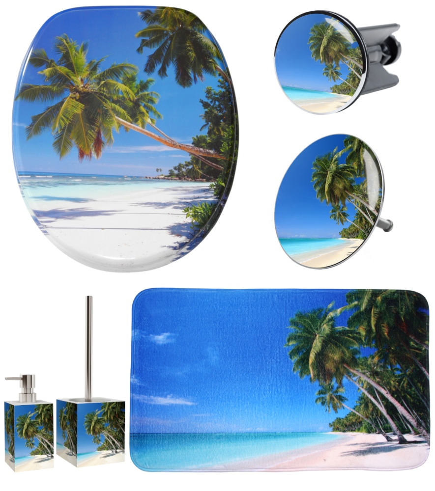 Sanilo Badaccessoire-Set »Karibik«, (Komplett-Set, 6 tlg.), bestehend aus WC-Sitz, Badteppich, Stöpsel, Seifenspender, WC-Bürste