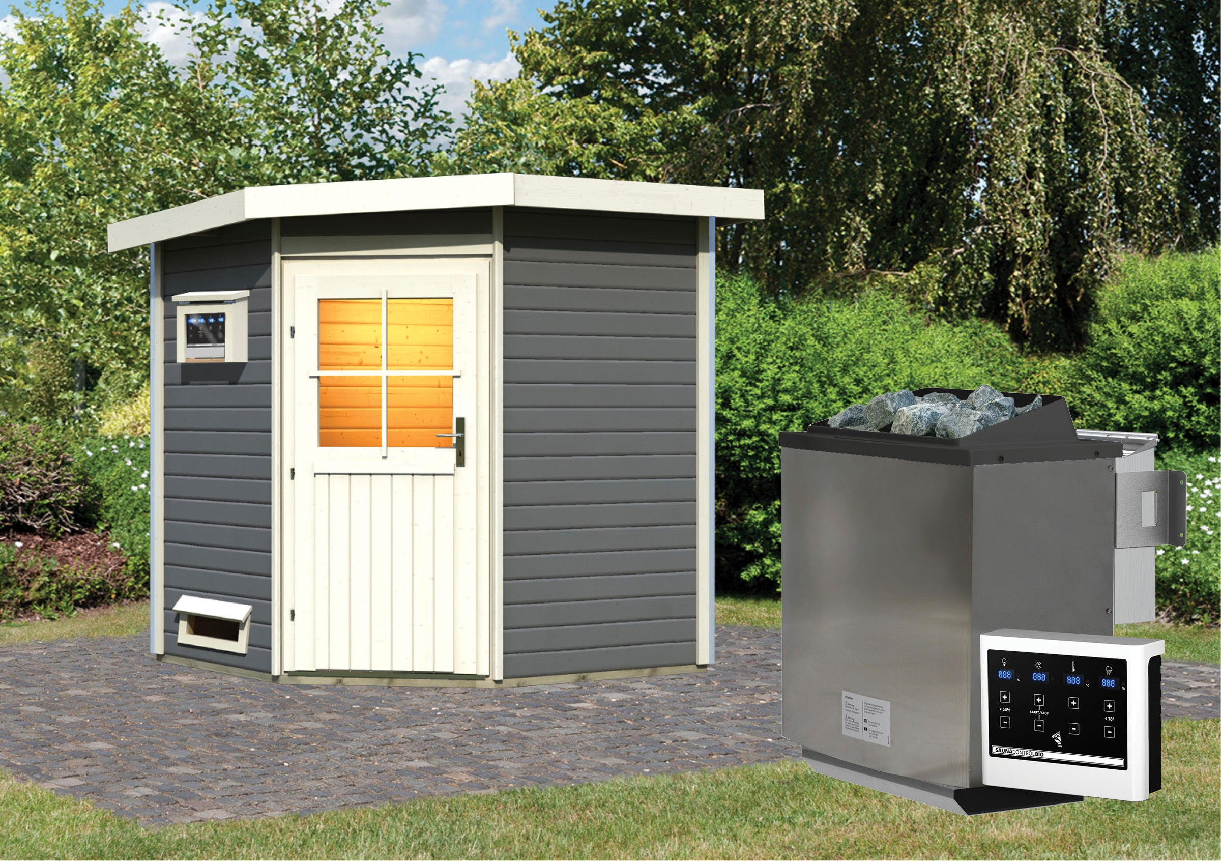 Karibu Saunahaus »Fiete«, klassiche Tür, Ofen 9 KW Bio externe Strg easy
