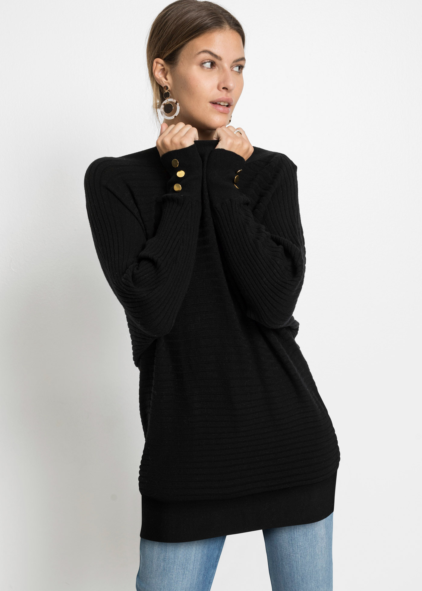 bonprix Strickpullover aus Viskose-Rippstrick, Fledermausärmel, mit Knopfdetail