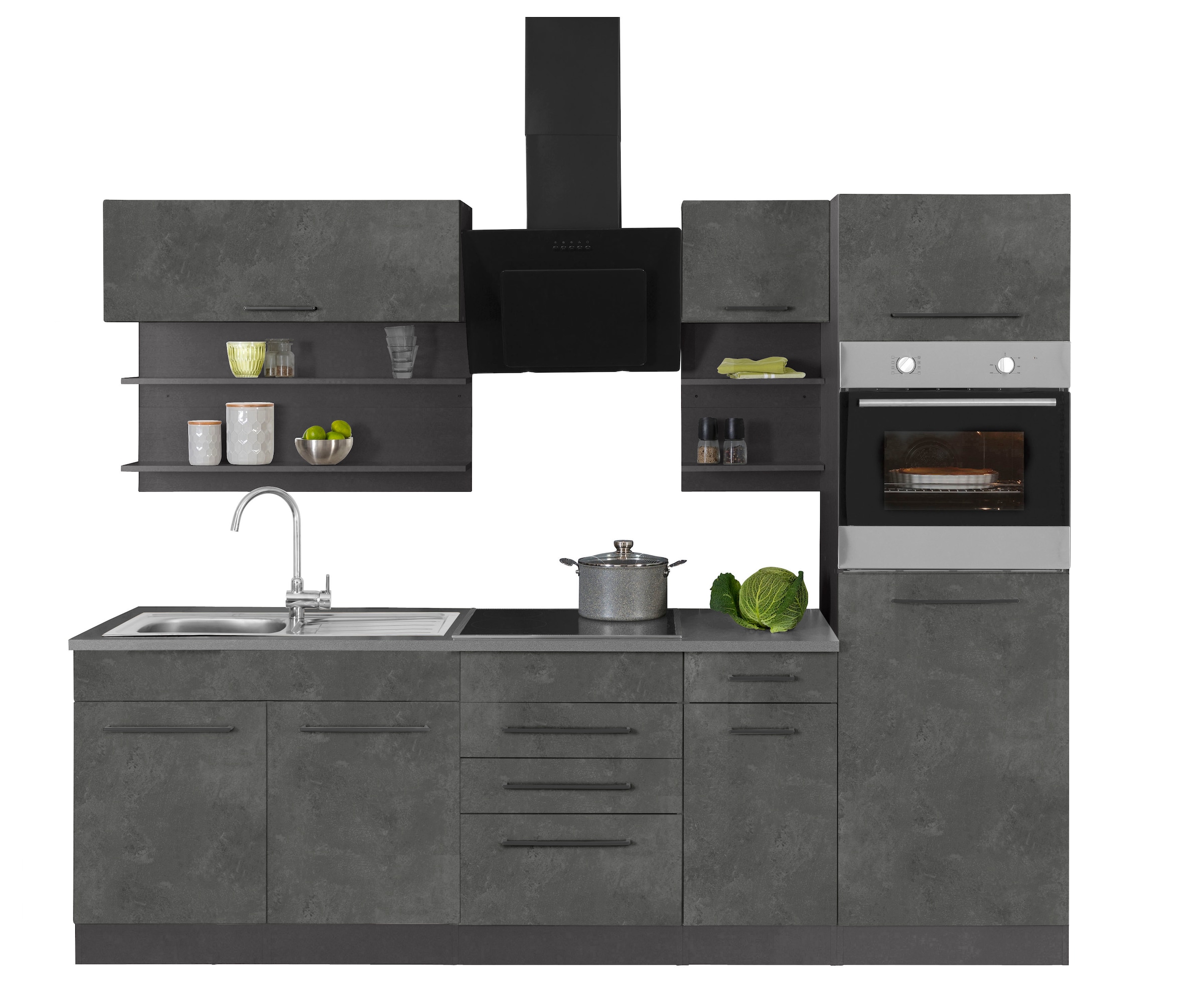 KOCHSTATION Küchenzeile »KS-Tulsa«, ohne E-Geräte, Breite 270 cm, schwarze Metallgriffe, MDF Fronten