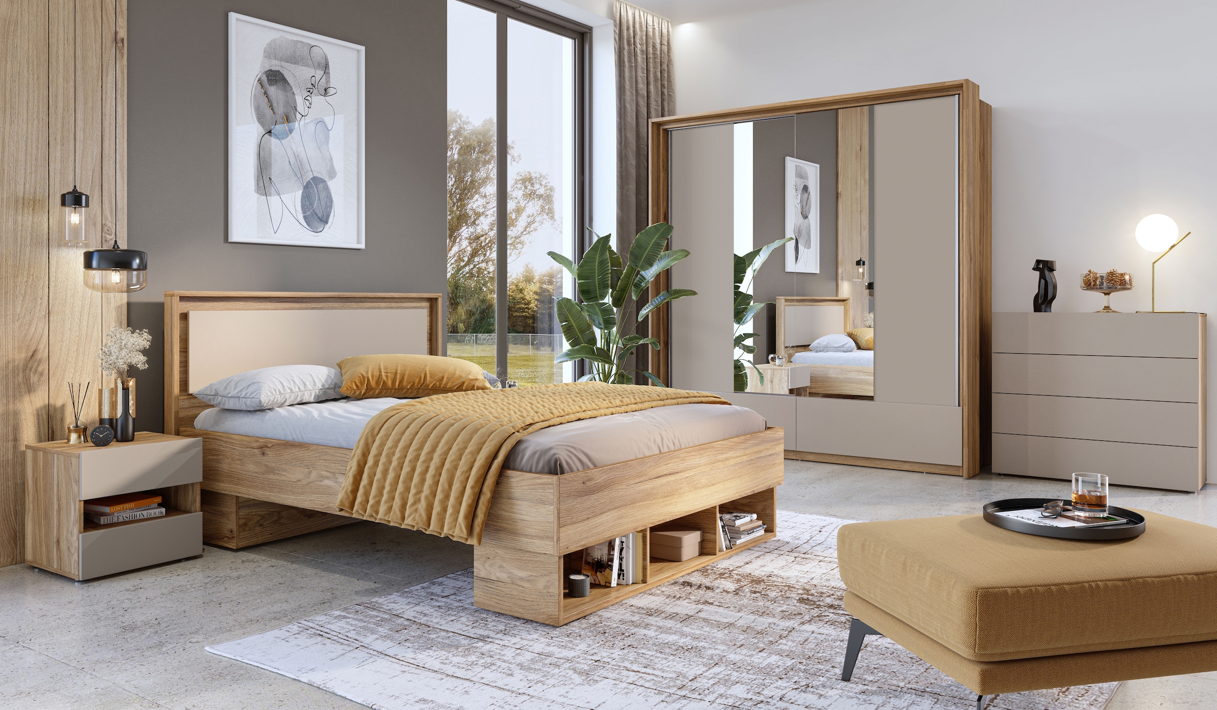 INOSIGN Bettgestell »Wharton, 140, 160 oder 180cm Breite, Made in Europe«, (mit oder ohne Stauraumschubladen), Doppelbett mit offenen Regalen, FSC-zertifizierter Holzwerkstoff