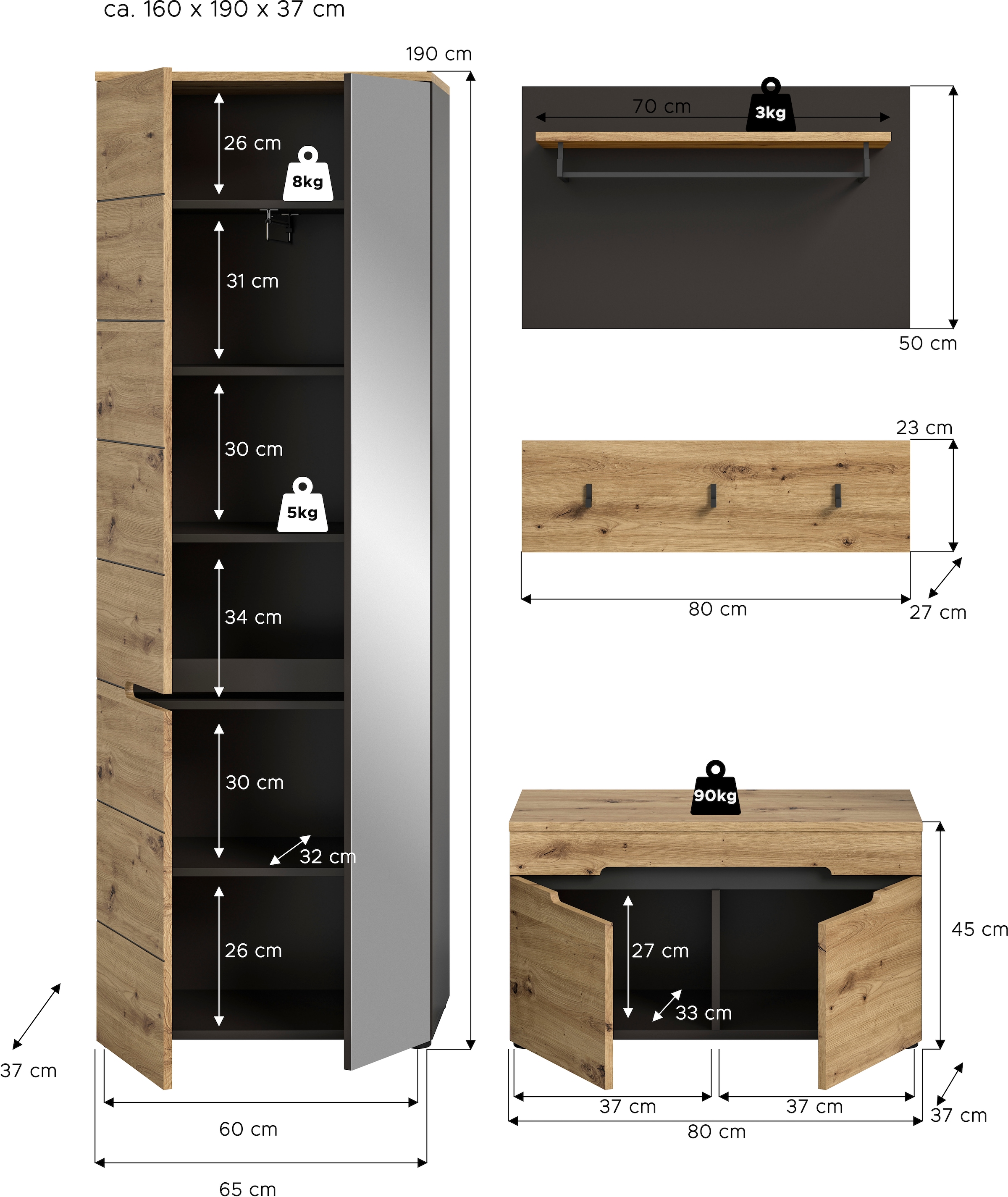 INOSIGN Garderoben-Set »REHAT, TOPSELLER!, 4-teilig, Breite 160cm, individuell stellbar«, (3 St.), Garderobenkombination, Kombination, Diele, Garderobe, Garderobenmöbel