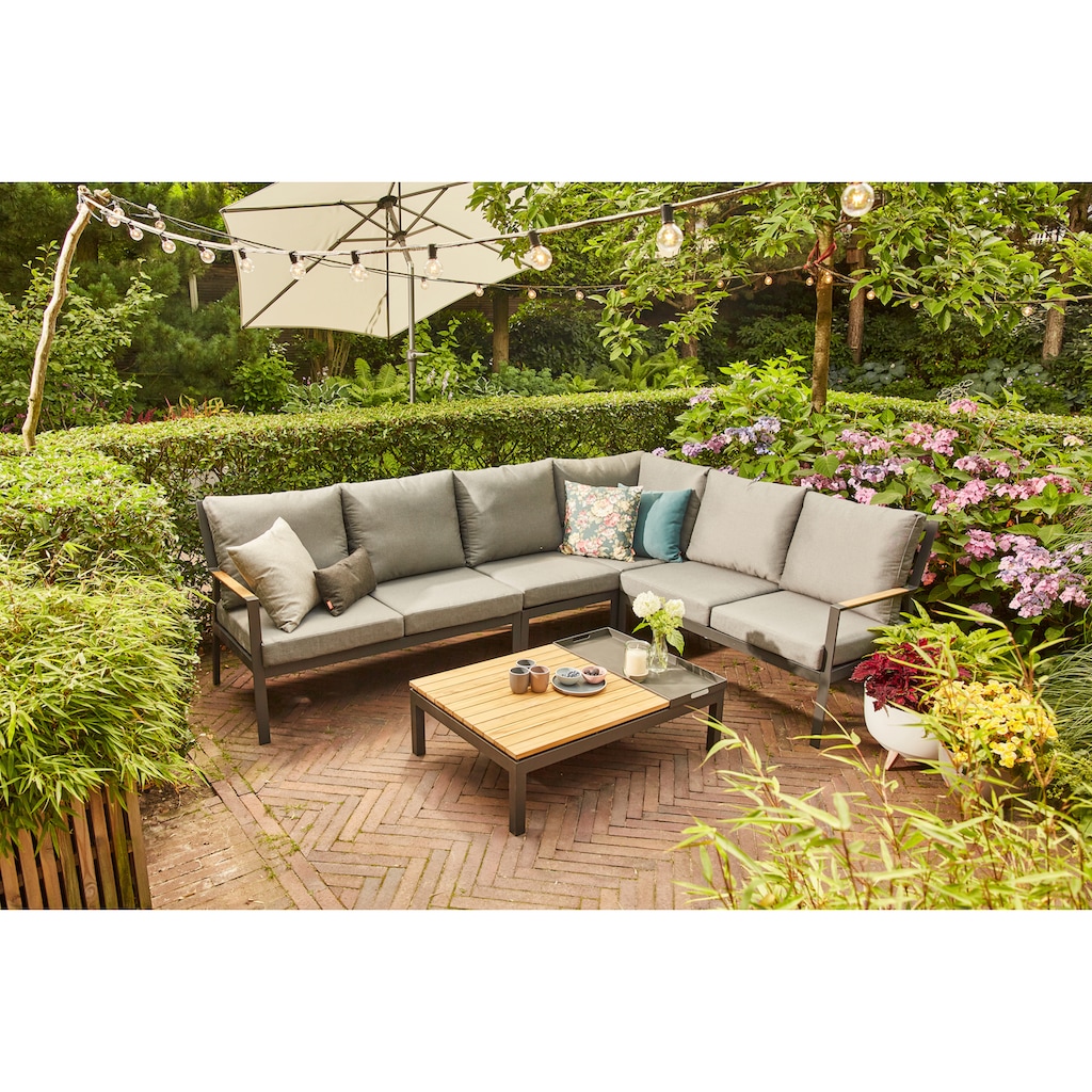 Siena Garden Gartenlounge-Set »Londra«, (5 tlg., 2x 2er Bank(l+r), 1xModul Ecke,1xModul Mitte,1xTisch: 102x73,5x31,5cm), Aluminium, Tischplatte Teak FSC 100%, Inkl. Sitz- und Rückenkissen