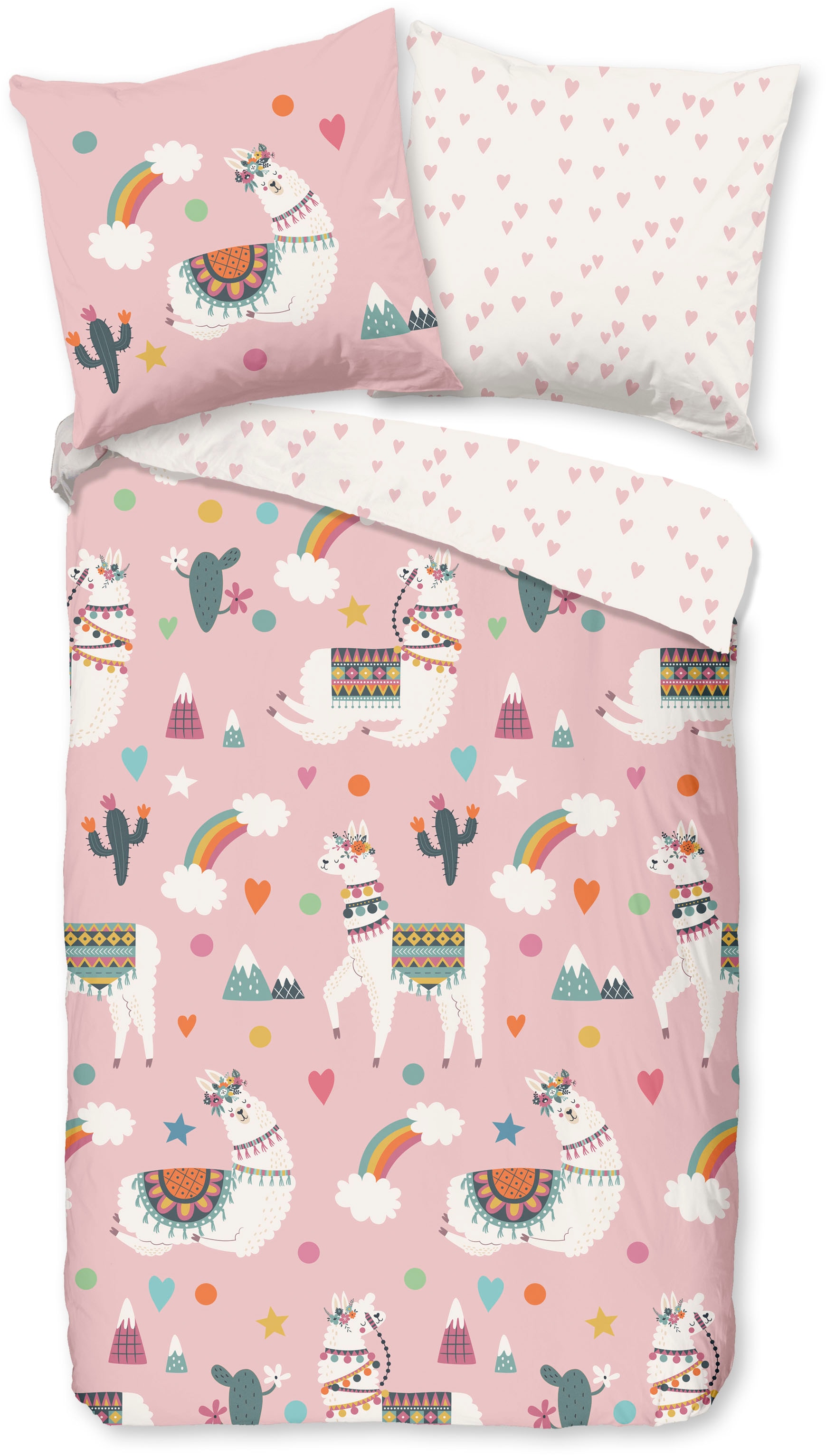 PURE luxury collection Kinderbettwäsche "Paca", Mikrofaser, 135x200, Pflegeleicht, Mädchen, Lama, Alpaka, Regenbogen