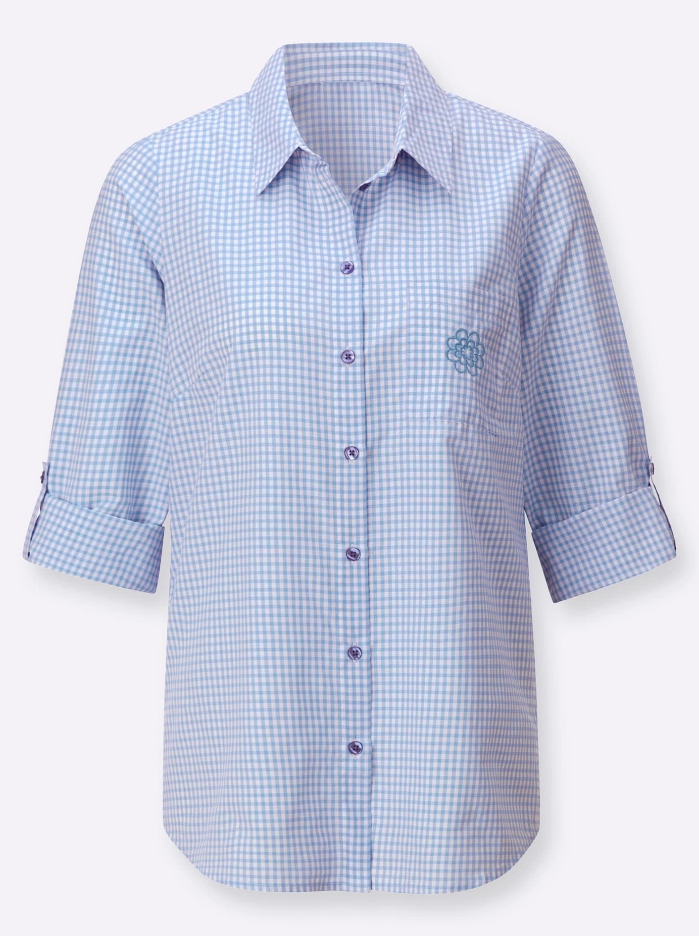 Classic Basics Women's Long Blouse Sky Blue Checkered Size 44 2