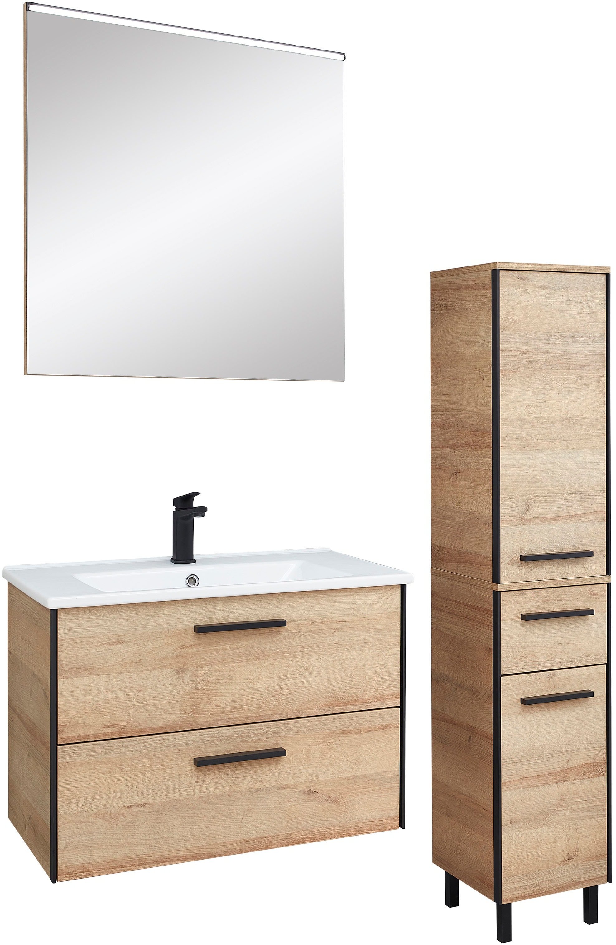 Saphir Badmöbel-Set »Quickset 395 3-teilig, Keramikwaschtisch mit LED-Spiegel«, (5 St.), Midischrank, inkl. Türdämpfer, 2 Türen, 3 Schubladen, Bad-Set
