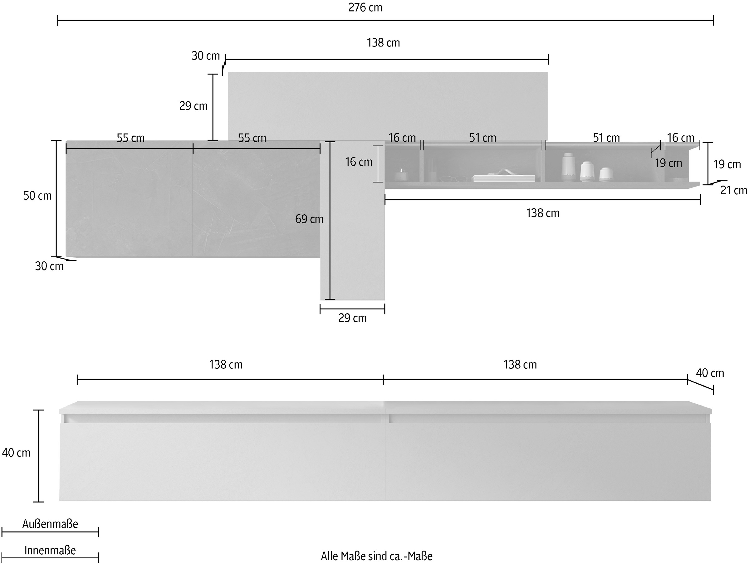 INOSIGN Wohnwand »INFINITY, 7tlg. Breite 276 cm, Höhe variabel, Schrankwand, Anbauwand«, (2x Lowboard, 2x Hängeschrank, 2x Hängewürfel, Wandregal)