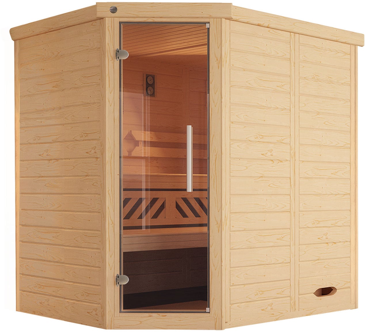 Sauna »Design-Sauna KEMI«, Blockbohlen, vorgefertigte Elemente, moderne Ganzglastür