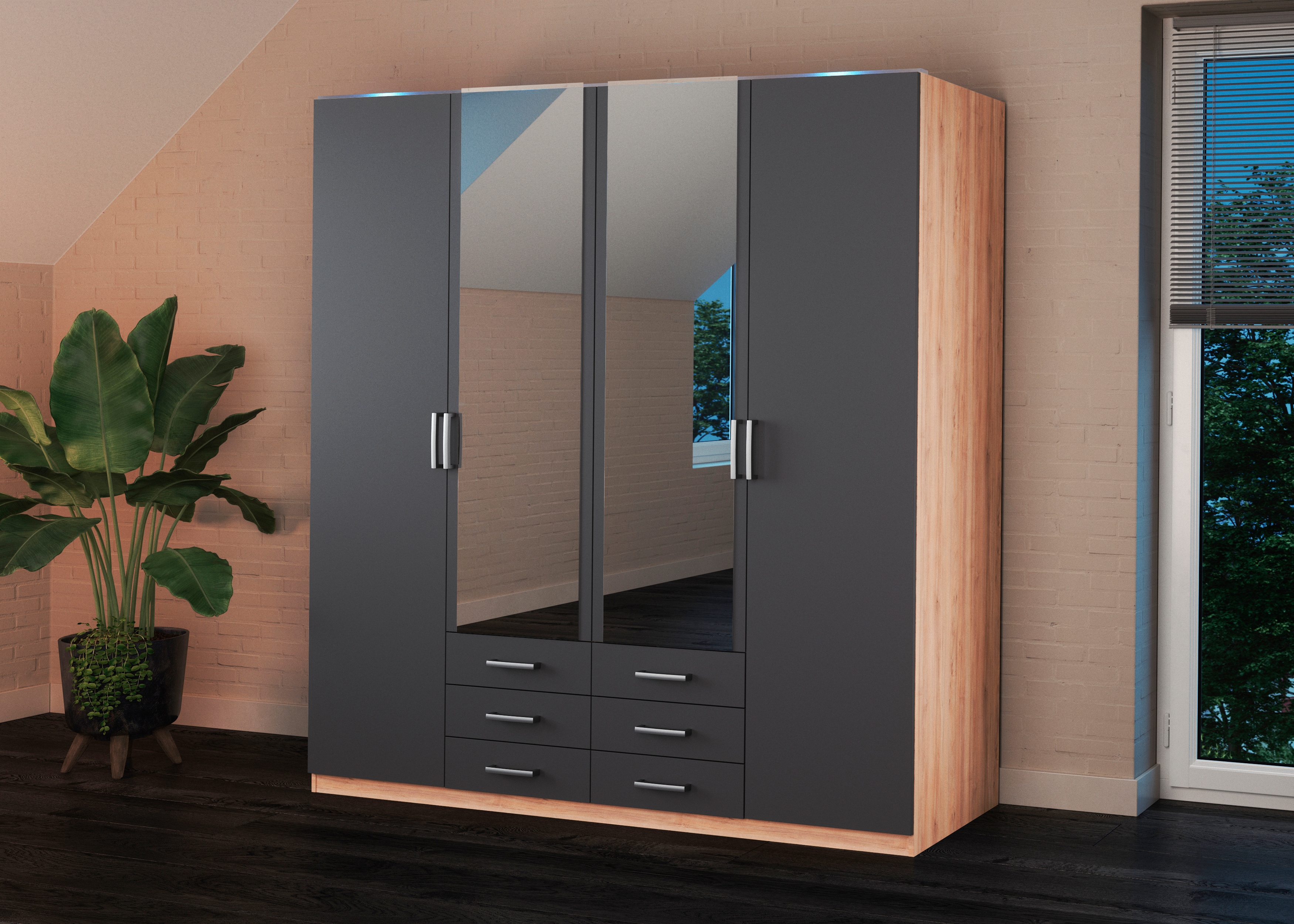 priess Kleiderschrank "Amsterdam, viel Stauraum durch viele Schubkästen, Spiegeltüren" Optional mit LED-Beleuchtung, Made in Germany