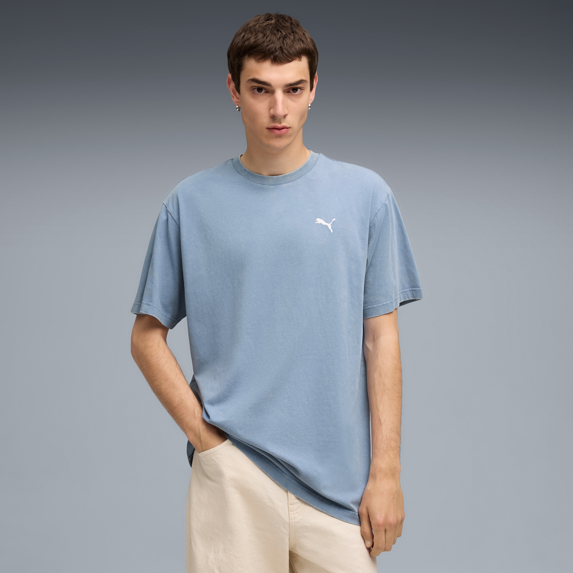 T-Shirt PUMA "ESS ELEVATED RELAXED WASH TEE", Herren, Gr. L, blau (cool blau), Jersey, Obermaterial: 100% Baumwolle, bedruckt, relaxed fit normal, Rundhals, Shirts T-Shirt, Kurzarm, für Freizeitaktivitäten, aus weichem Jersey-Material 2