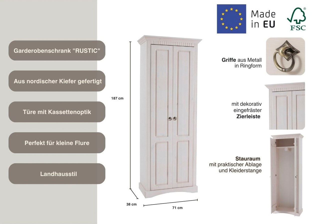 Home affaire Garderobenschrank »Rustic«, aus massiver Kiefer, Breite 71 cm, mit Kassetenoptik