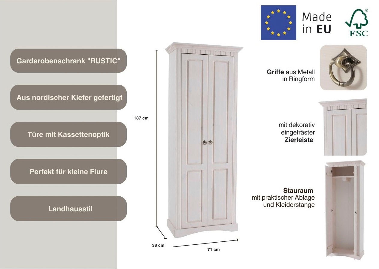 Thumbnail - Home affaire Garderobenschrank "Rustic", aus massiver Kiefer, Breite 71 cm, Kassettenoptik