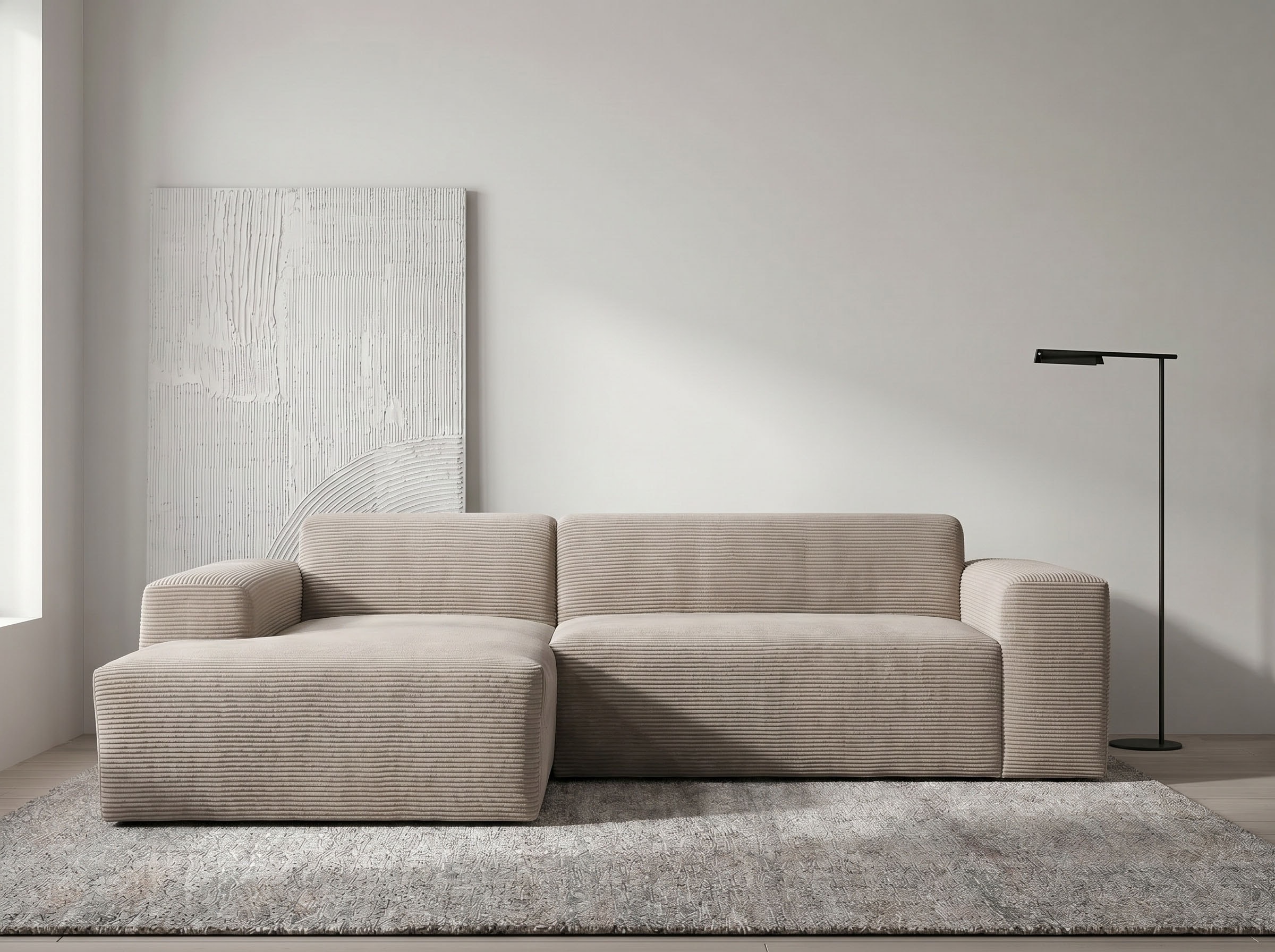 WERK2 Ecksofa "Zeus-L 253 cm breit, bequemes Cord-Sofa in L-Form, urbanes Design" Organische curvy-trend Couch mit großer Komfort-Ottomane
