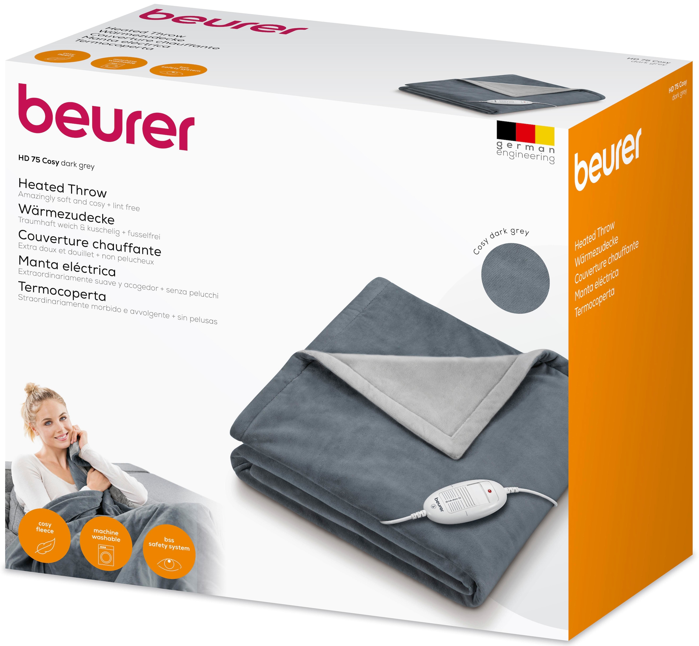 BEURER Heizdecke »HD 75 Cosy Dark-Grey, elektrische Wärmedecke zum Einkuscheln«, Mit 6 Temperaturstufen, Abschaltautomatik, maschinenwaschbar