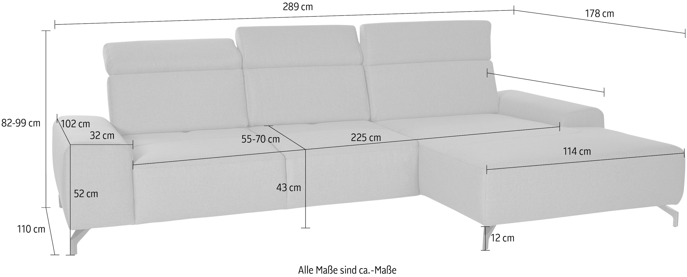 sit&more Ecksofa »Gizeh L-Form« Fußhöhe 12 cm, inklusive Sitztiefenverstellung und Kopfteilverstellung
