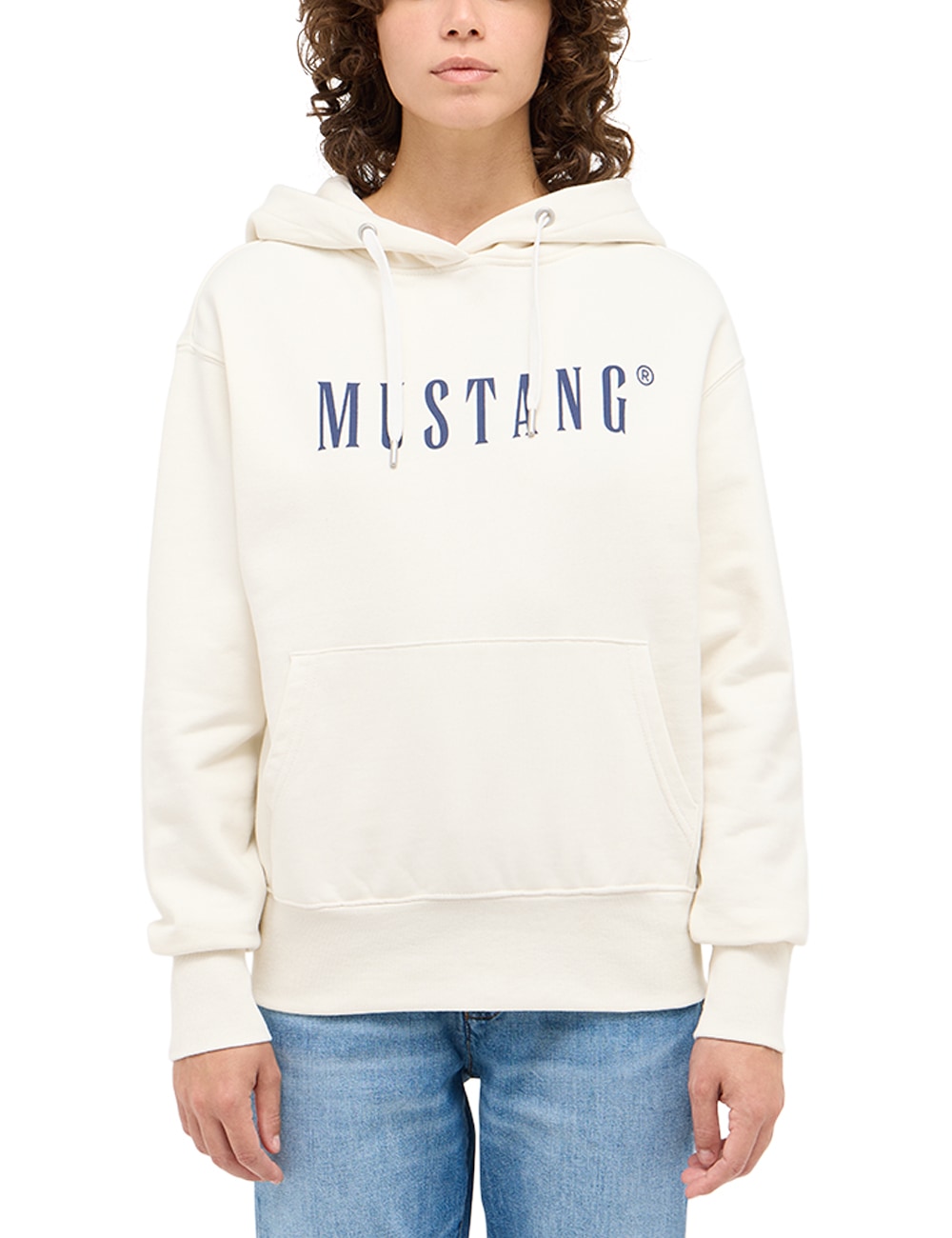 Sweatshirt MUSTANG "Style Margo", Damen, Gr. XL, weiß (whisper weiß), Web, Obermaterial: 100% Baumwolle, bedruckt, regular fit normal, ohne Ausschnitt, Sweatshirts Sweatshirt, mit Logo Print