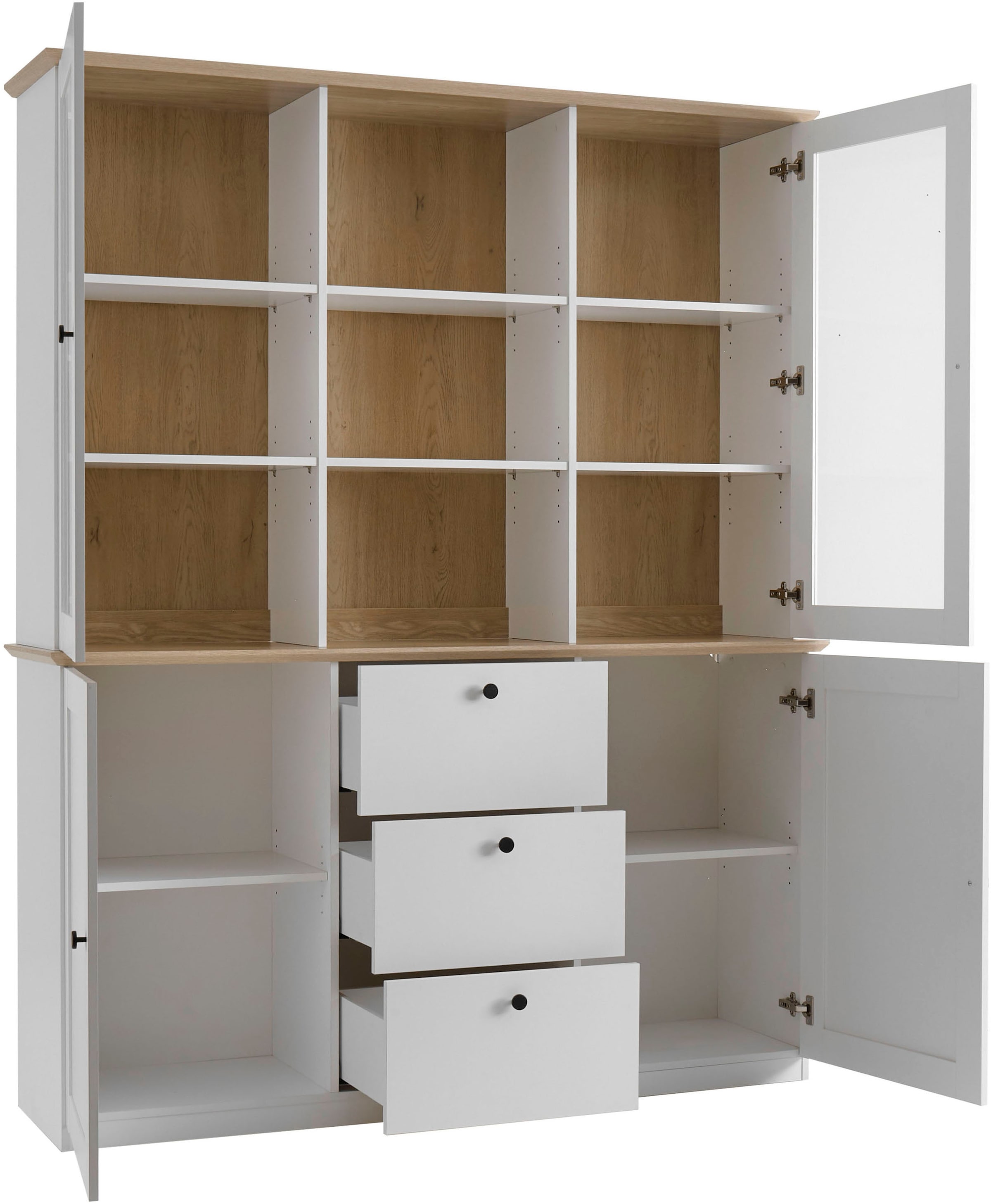 OTTO home Buffet »Brest, Hochschrank im Landhausstil, Schrank, Küchenschrank« schwarze Metallgriffe, viel Stauraum, Glastüren, 164 cm breit