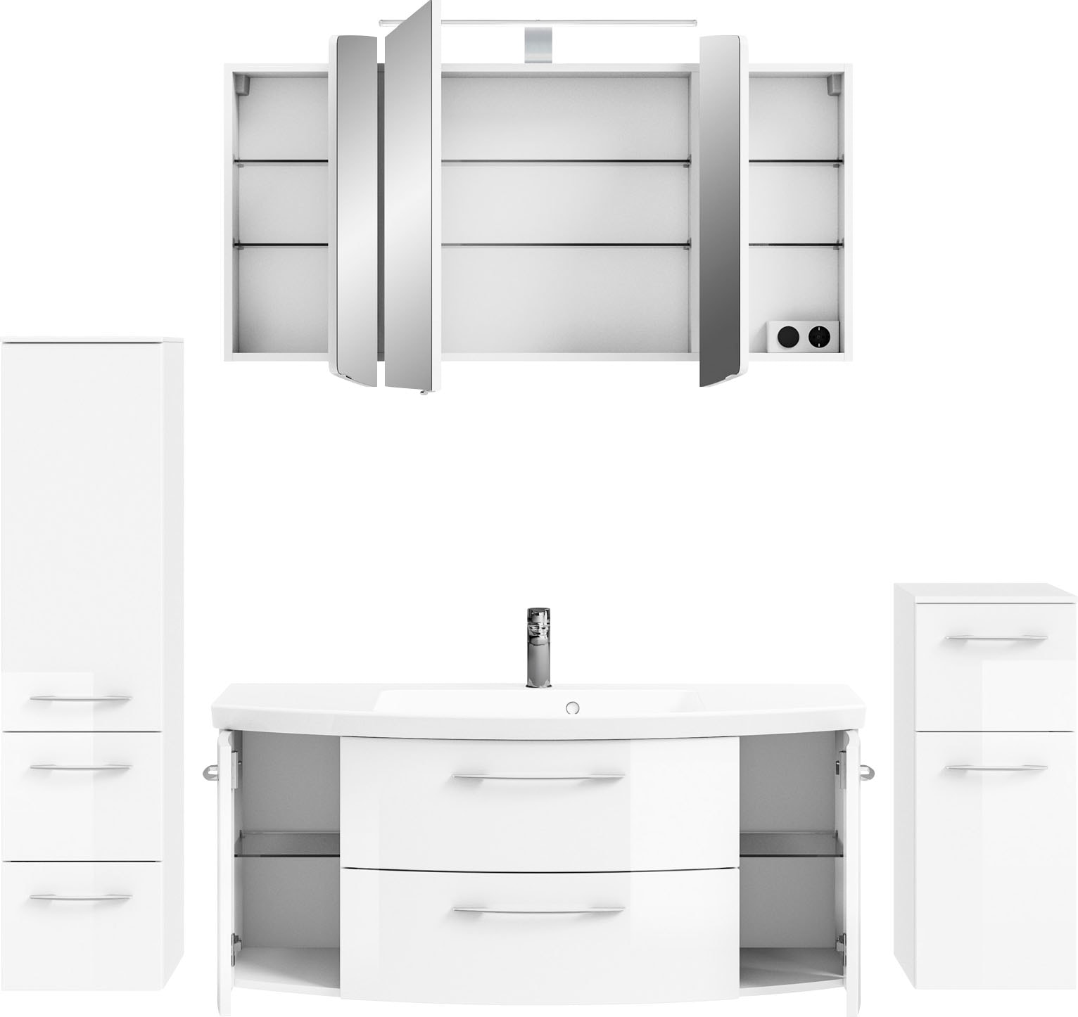 Saphir Badmöbel-Set »Cassca Sprint 4-teilig Mineralmarmor-Waschtisch mit LED-Spiegelschrank«, (5 St.), Midischrank, Unterschrank, inkl. Türdämpfer, 7 Türen, 5 Schubladen