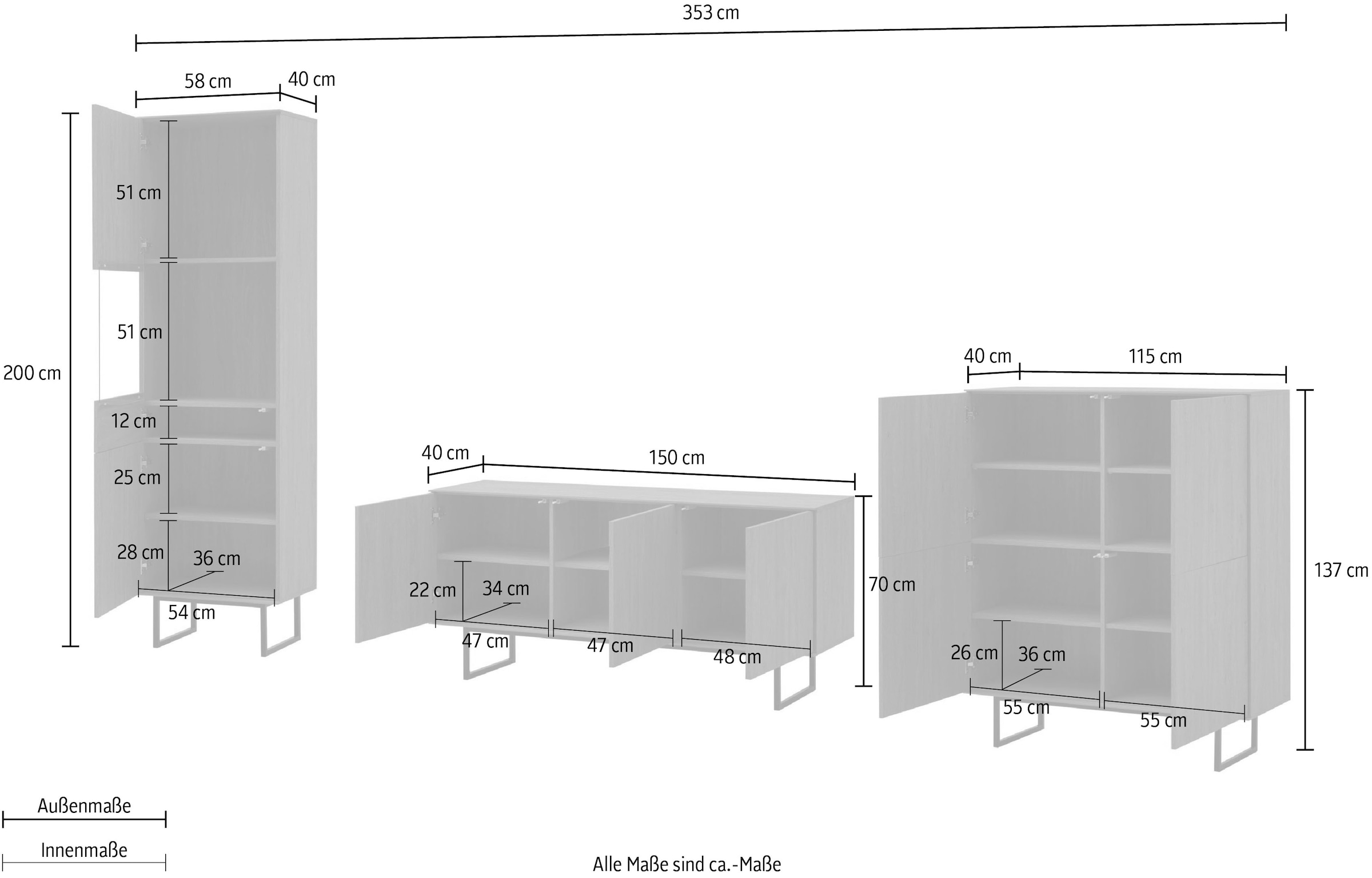 Home affaire Wohnzimmer-Set »Lund, moderne Anbauwand, Wohnzimmer-Set in Stone Oak oder Nussbaum« 3 Stk. tlg.