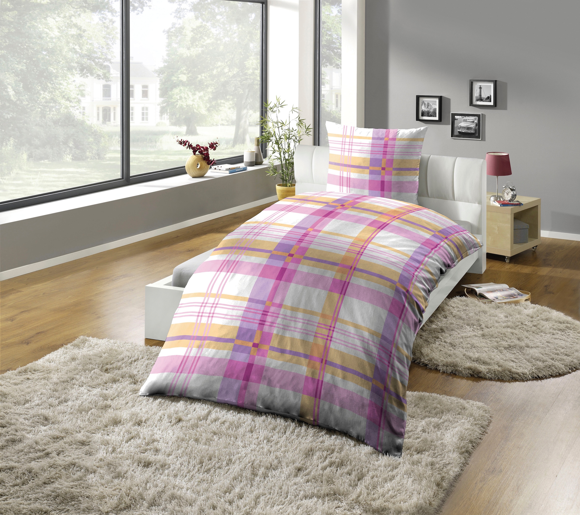 KiNZLER Bettwäsche "Mikrofaser-Satin Bettwäsche "Karo lila"" 2 Stk. Pflegel günstig online kaufen