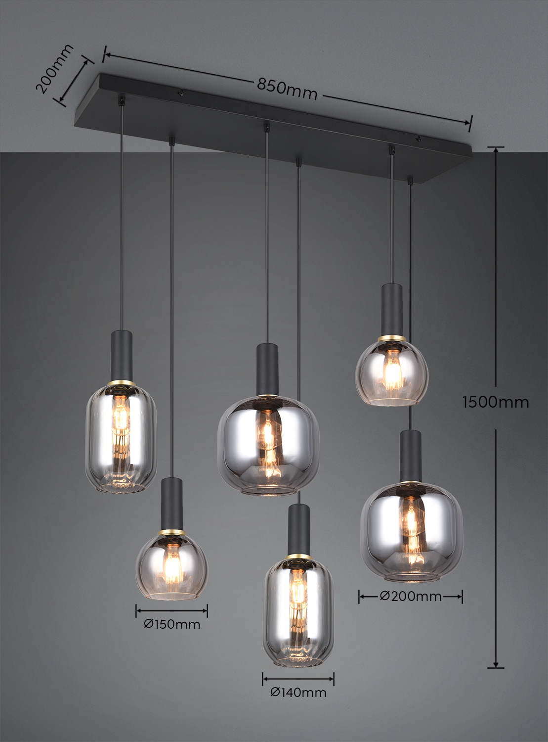 TRIO Leuchten Pendelleuchte »DIVA, E27 Hängelampe 6-flammig mit Glasschirm, exkl 6xE27 max 10W«, 6 flammig, Leuchtmittel E27 | Leuchtmittel wechselbar, höhenverstellbar bis max 150cm Hängeleuchte 92x35 cm Wohnzimmer Küche