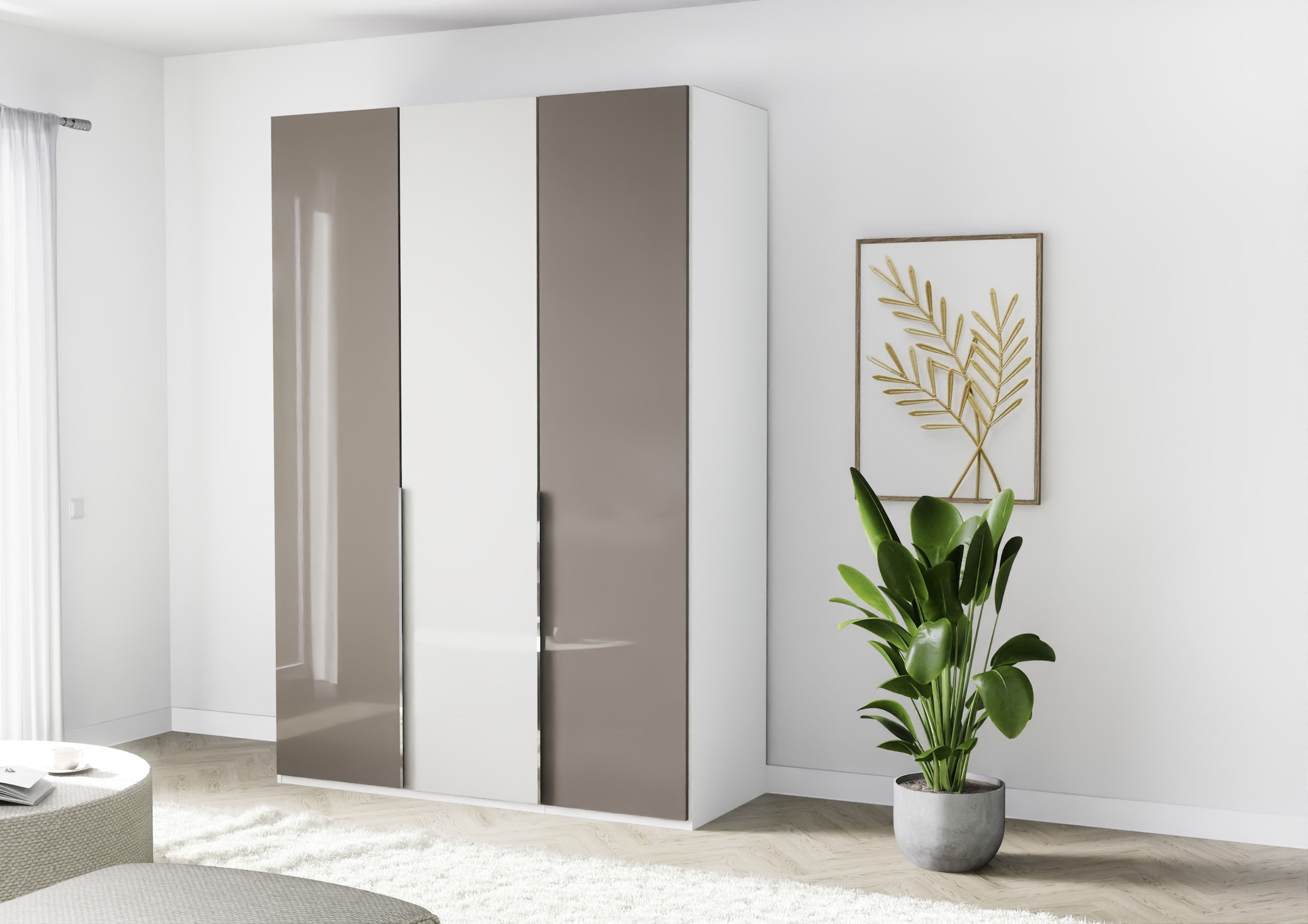 Musterring Drehtürenschrank »San Diego, Kleiderschrank, Schrank, Garderobe, mit Glastüren« weiß, Türen gedämpft, 2 Höhen, mehrere Breiten, MADE IN GERMANY, 1 Stk. tlg. 3-türig (gedämpft), 4 Böden, 2 Kleiderstangen, Chromgriffe