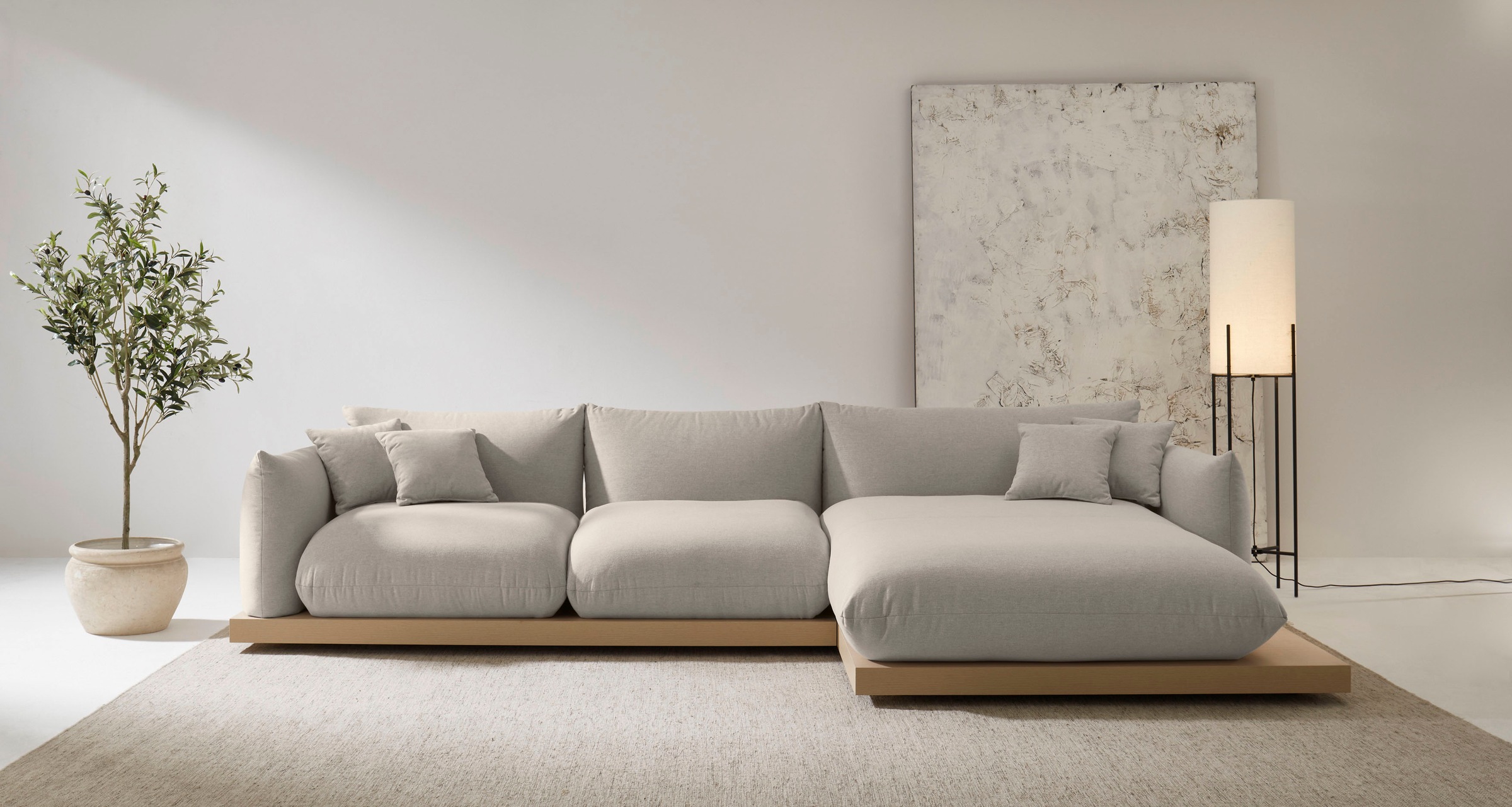 Ecksofa OTTO HOME "Kalix L-Form, 323 cm - OTTO. Verlässliche Qualität.", beige (taupe), B:323cm H:75cm T:165cm, Sofas, Ecksofa, Designsofa, auf Holzplateau, Strukturstoff, hoher Sitzkomfort