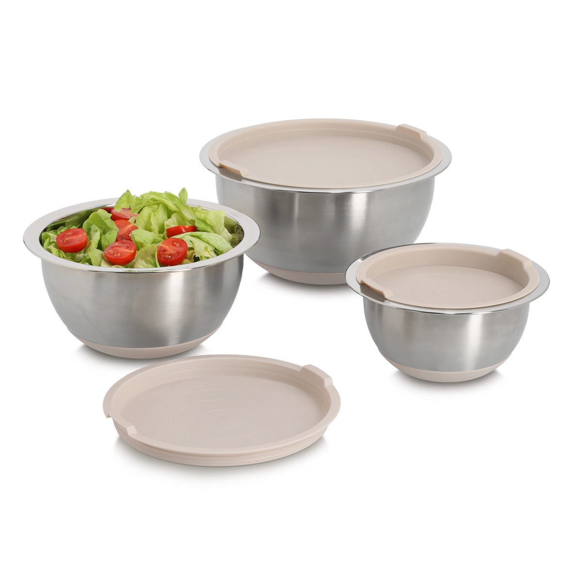 Zeller Present Schüssel »Schüssel-Set mit Deckeln, 3-tlg., Edelstahl/Kunststoff, beige« 3 ca. Ø19,5x10,Ø23,5x12,5,Ø27,5x14 cm