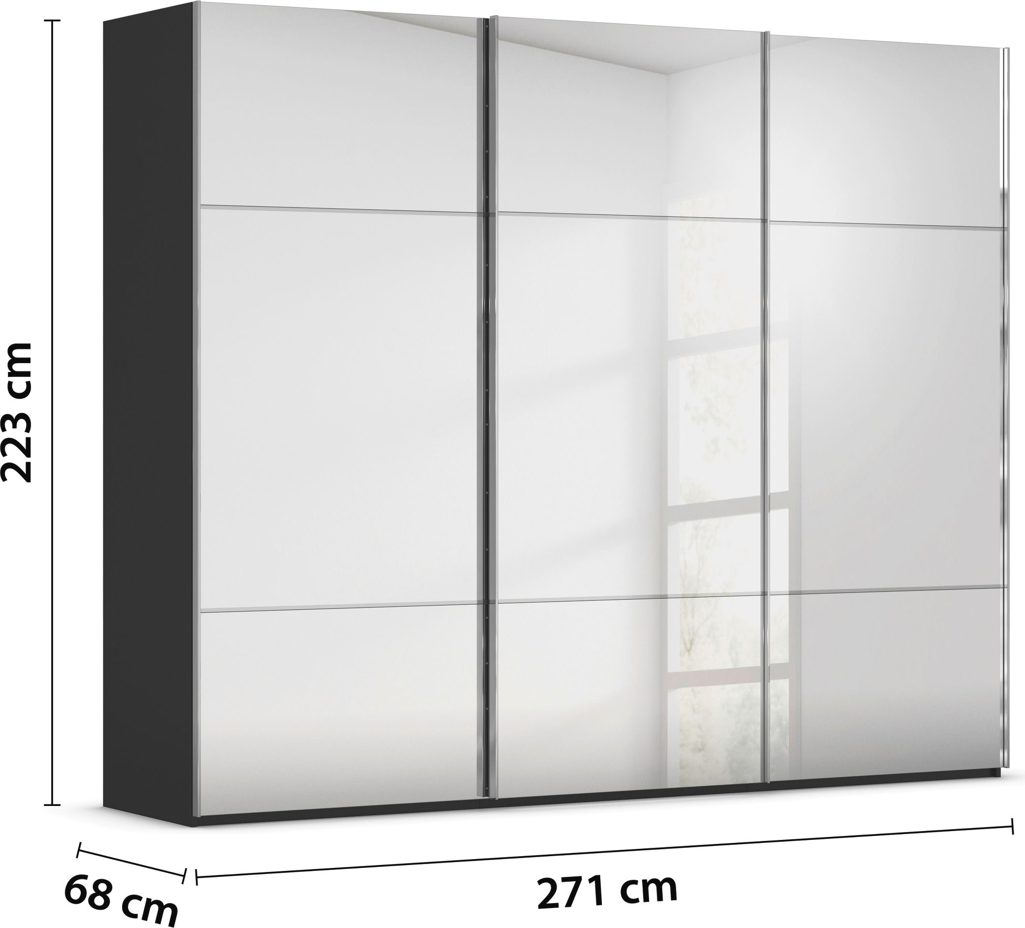 rauch Schwebetürenschrank »Kleiderschrank Schrank Garderobe Schlafzimmerschrank SCALE-TRIO«, edle dreigeteilte Front mit 2 Zierleisten Spiegelfront MADE IN GERMANY