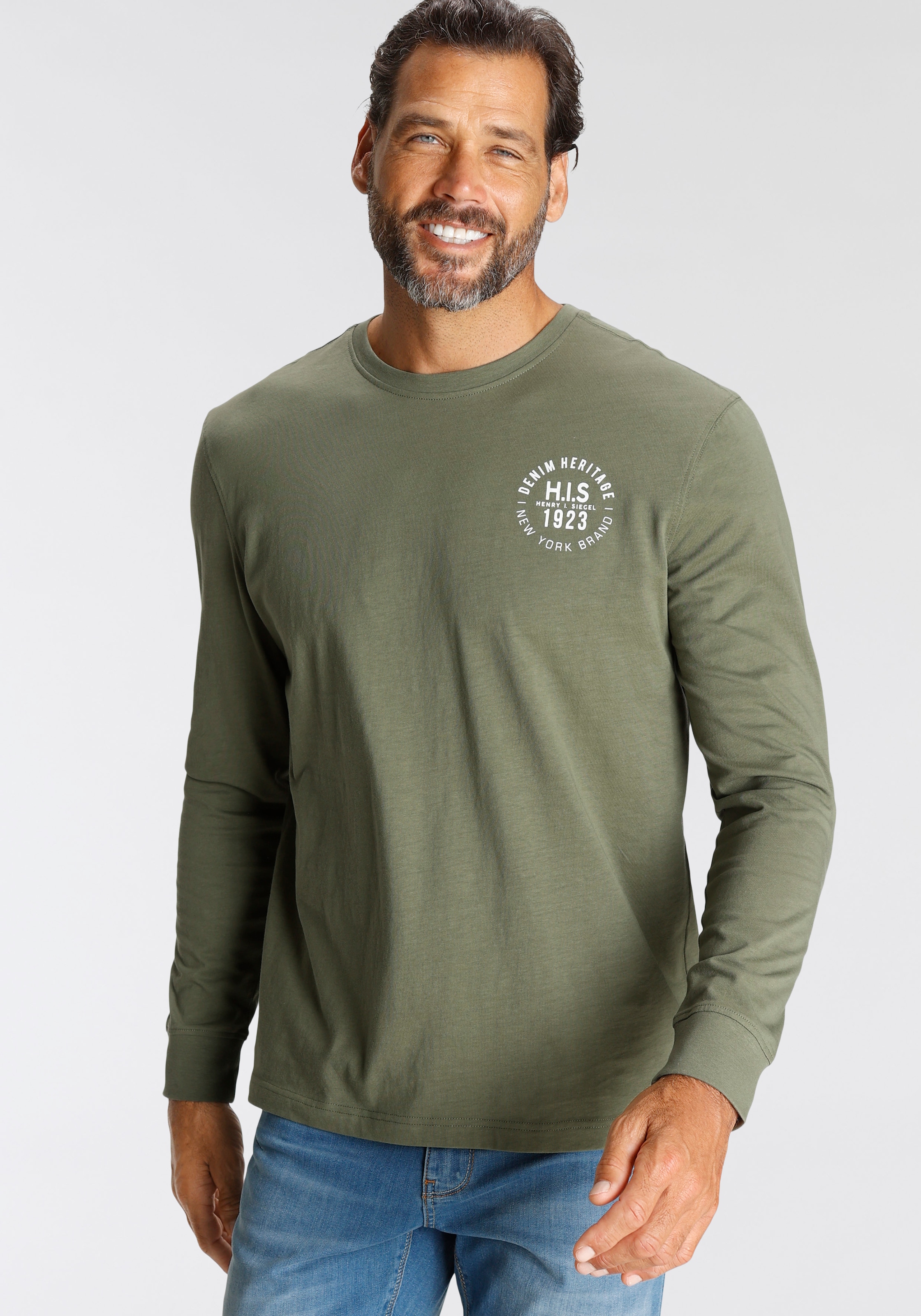 H.I.S Langarmshirt, (Packung, 2 tlg., 2er-Pack), Langarm, bedruckt, Rundhalsausschnitt, aus 100% Baumwolle