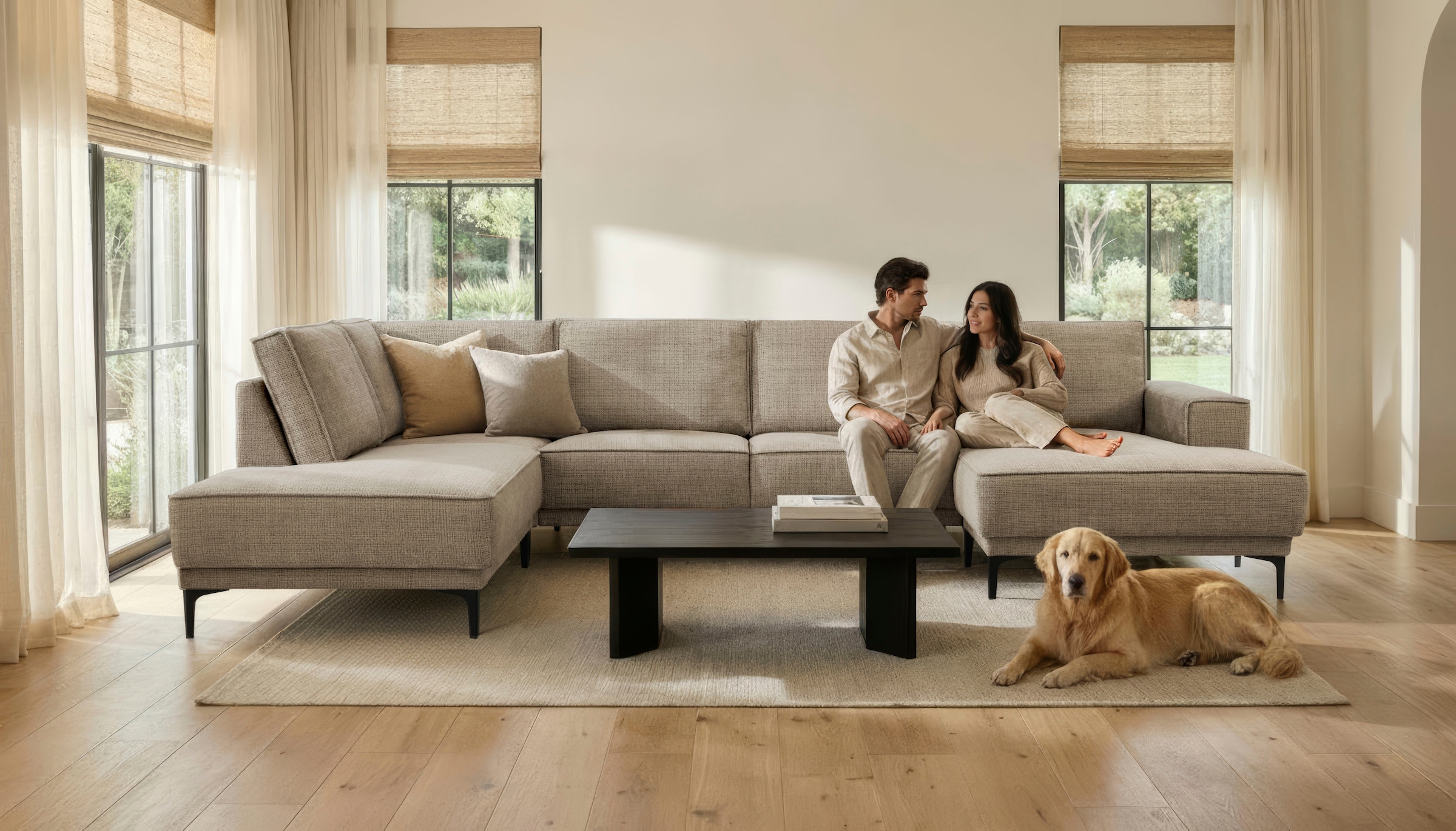 OTTO home Wohnlandschaft "OLAND Chenille U-Form, XXL, B: 345 cm, Skandi-Design" U-Form, 345 cm, Wellenunterfederung, Skandi-Design, Metallfüße