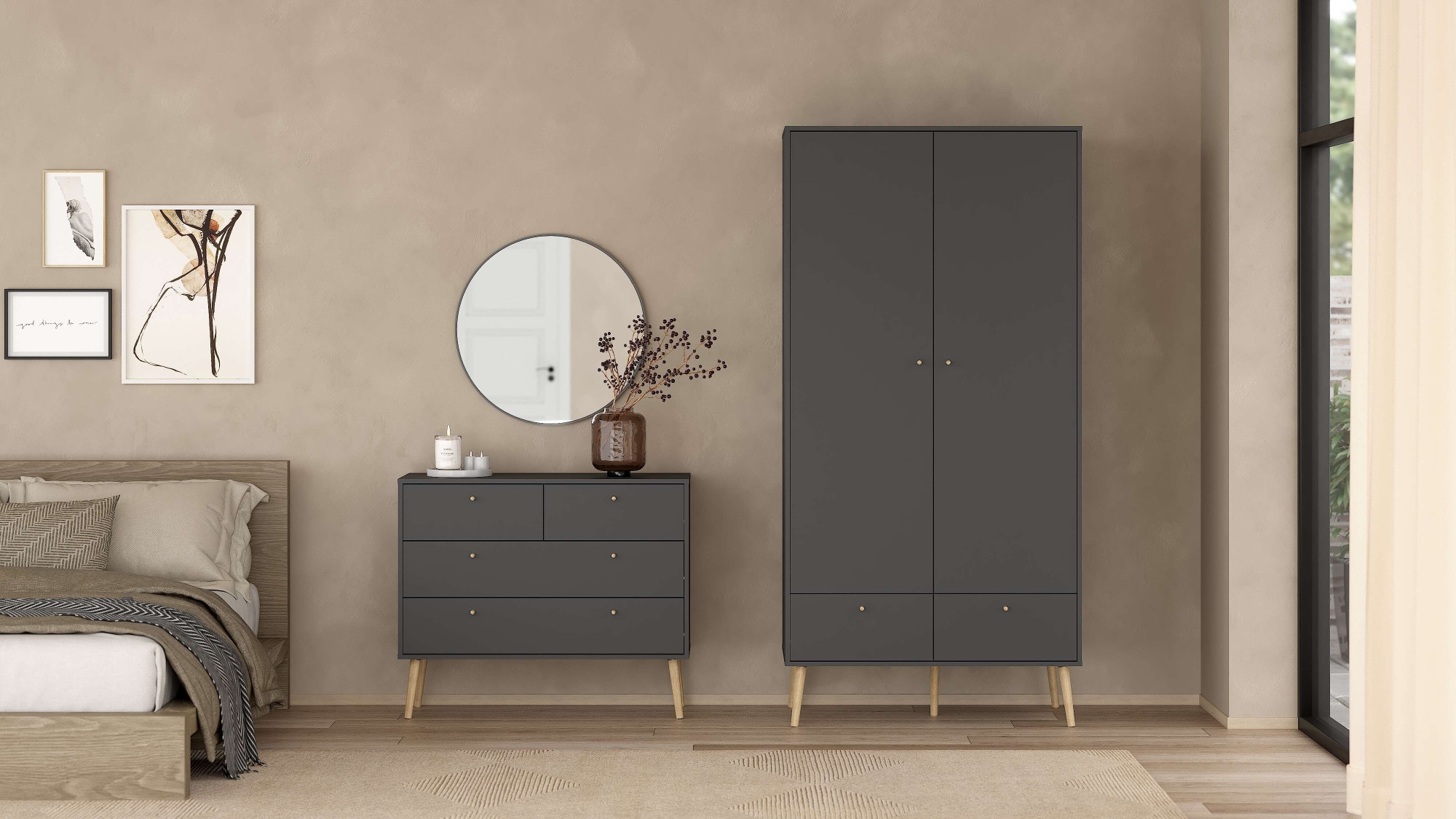 andas Kleiderschrank »Bodo, Drehtürenschrank, Aufbewahrung Kasten Schrank Stauraum«, 2 Türen, 2 Schubladen, Beine und Griffe Massivholz, Breite 99 cm