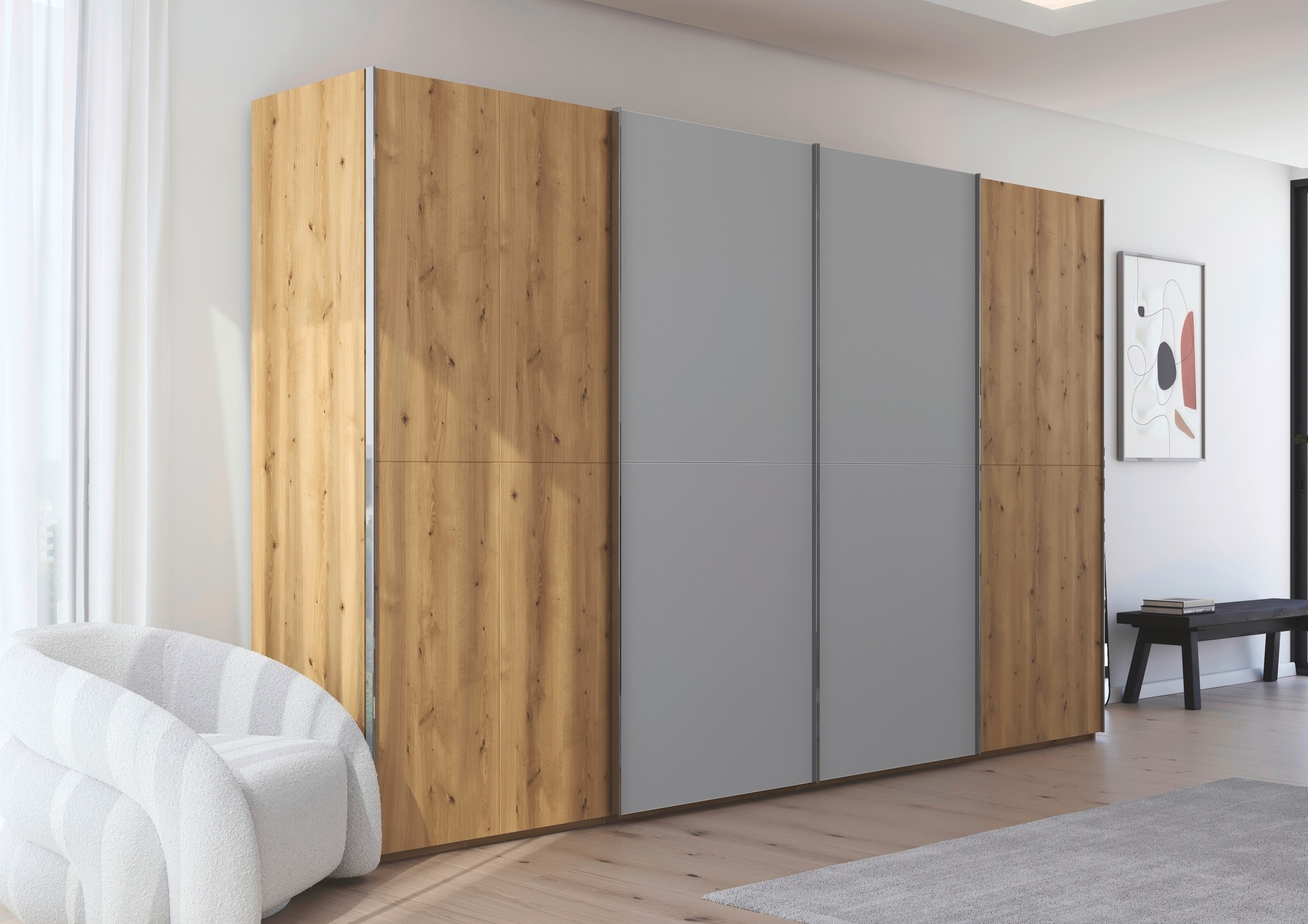 rauch Schwebetürenschrank »Kleiderschrank Schrank Garderobe Schlafzimmerschrank SCALE-WOOD«, edle geteilte Front in massiver Asteiche mit Glastüren MADE IN GERMANY