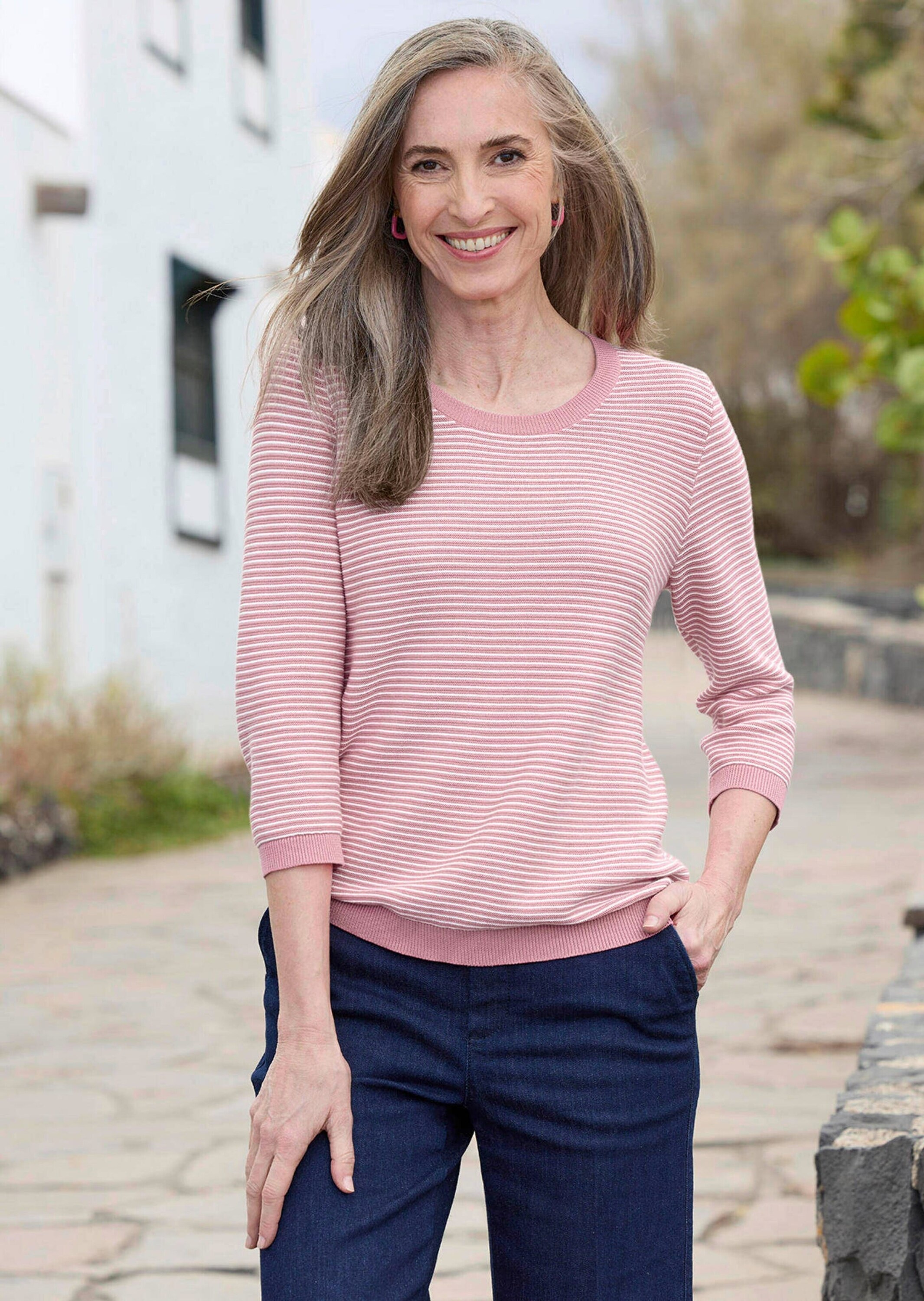 Rundhalspullover GOLDNER "Kurzgröße Halbarm Ringelpullover aus Baumwolle", Damen, Gr. 20, rosa (rosé, gemustert), Obermaterial: 100% Baumwolle CO., Modisch, Pullover Rundhalspullover, Rundhalsausschnitt 3