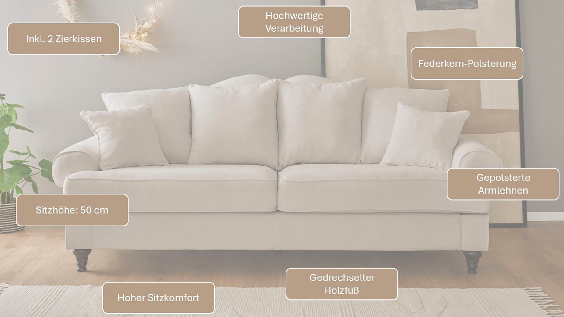 OTTO home 3,5-Sitzer »Westminster, Sofa im Landhausstil, Couch mit Zierkissen« Federkern-Polsterung, gedrechselter Fuß, hochwertiger Microfaserbezug