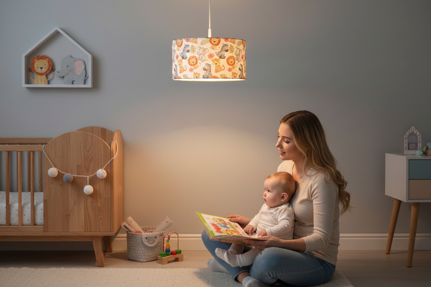 niermann Hängeleuchte »Stoff-Pendelleuchte Motiv "Little Safari", Kinderzimmer, Kinderlampe« E27 1 Stk. Stoffschirm, höhenverstellbare Pendelaufhängung, Made in Germany