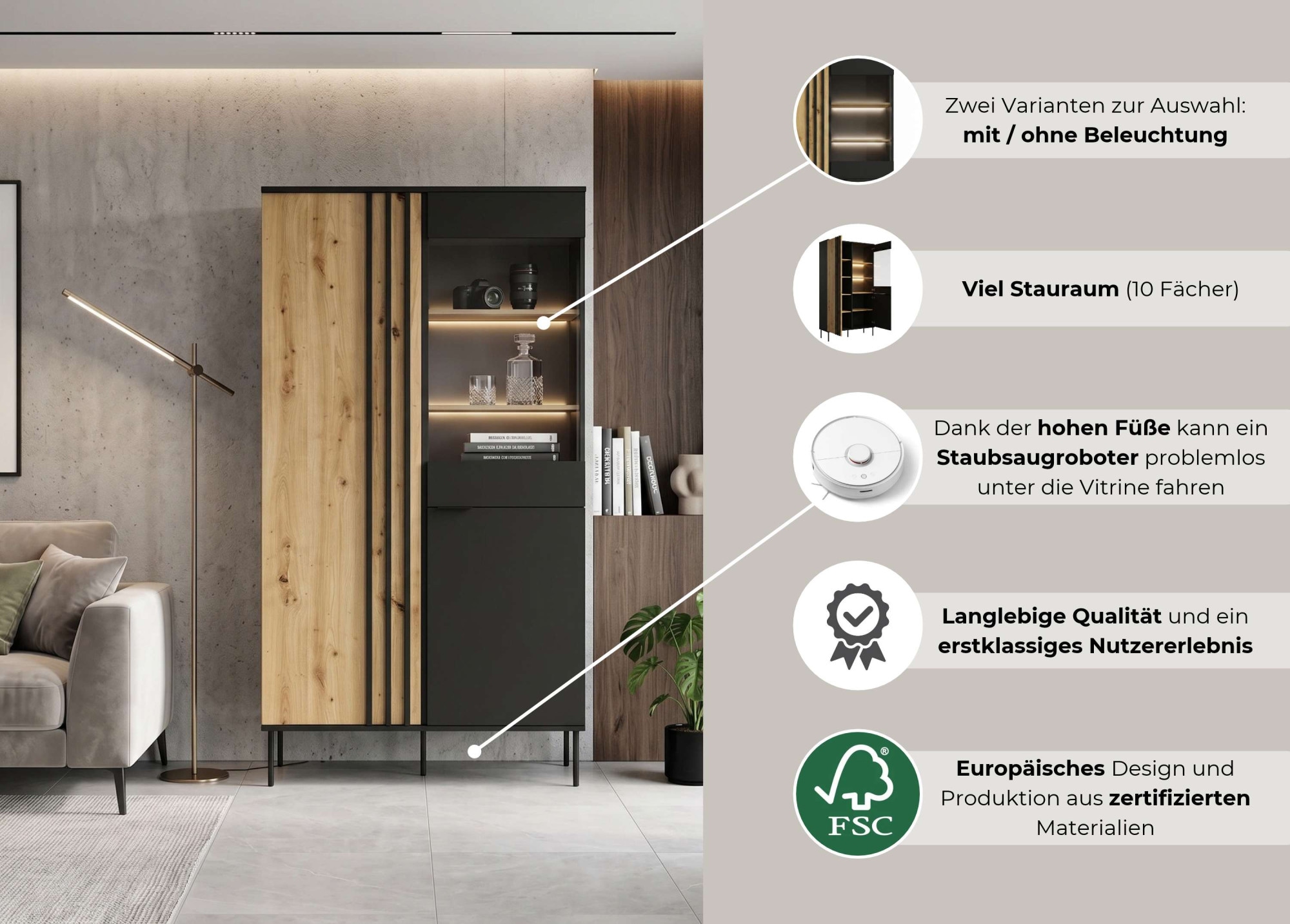 OTTO home Vitrine »AELLOR Vitrineschrank mit/ohne Beleuchtung, verglast, viel Stauraum« Standvitrine/Glasvitrine mit 2 Türen, 8 Einlegeböden, matt Hochschrank