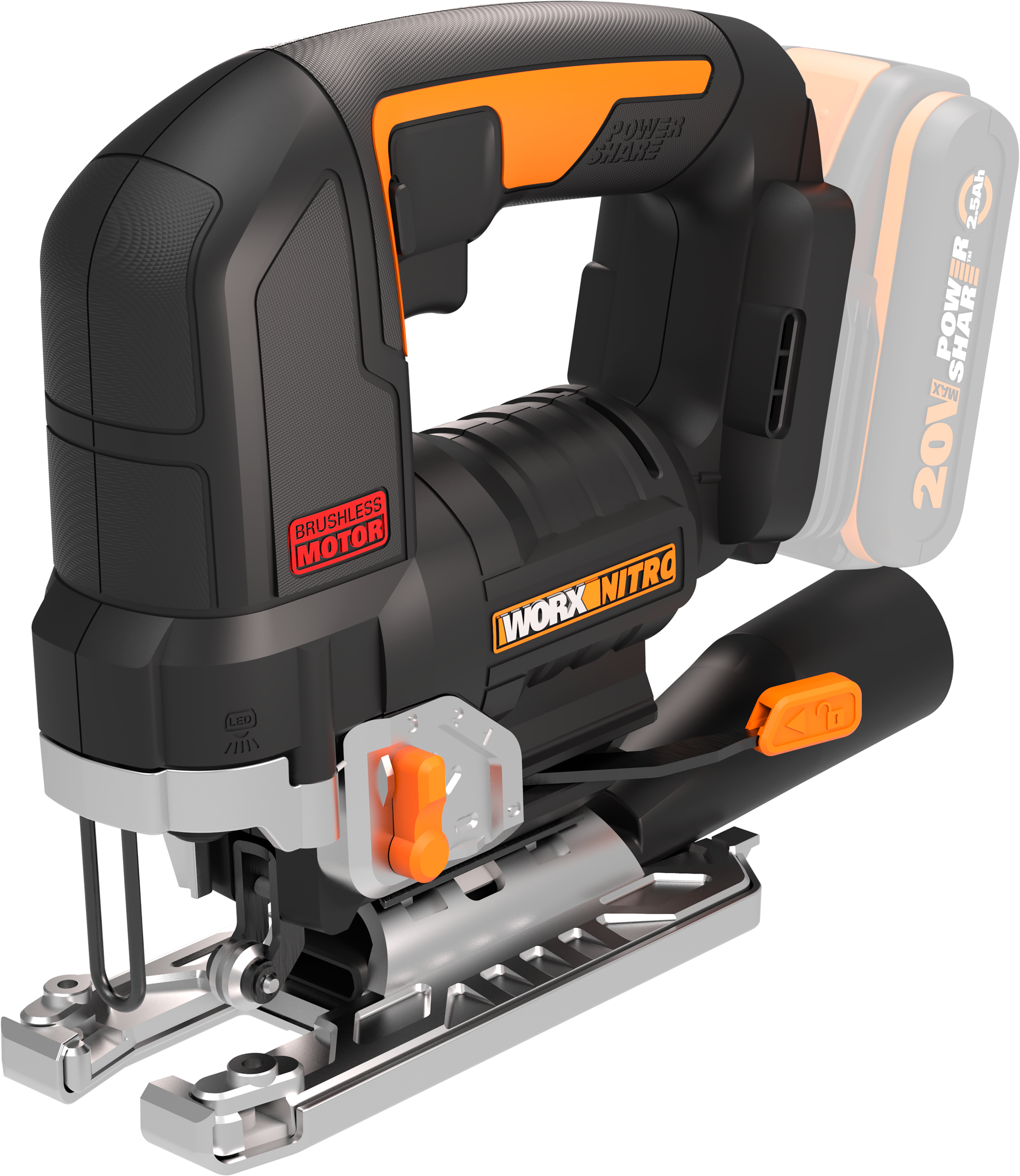 Worx Akku-Stichsäge "NITRO WX542.9", Brushless-Motor, mit Absaug-Adapter, ohne Akku & Ladegerät