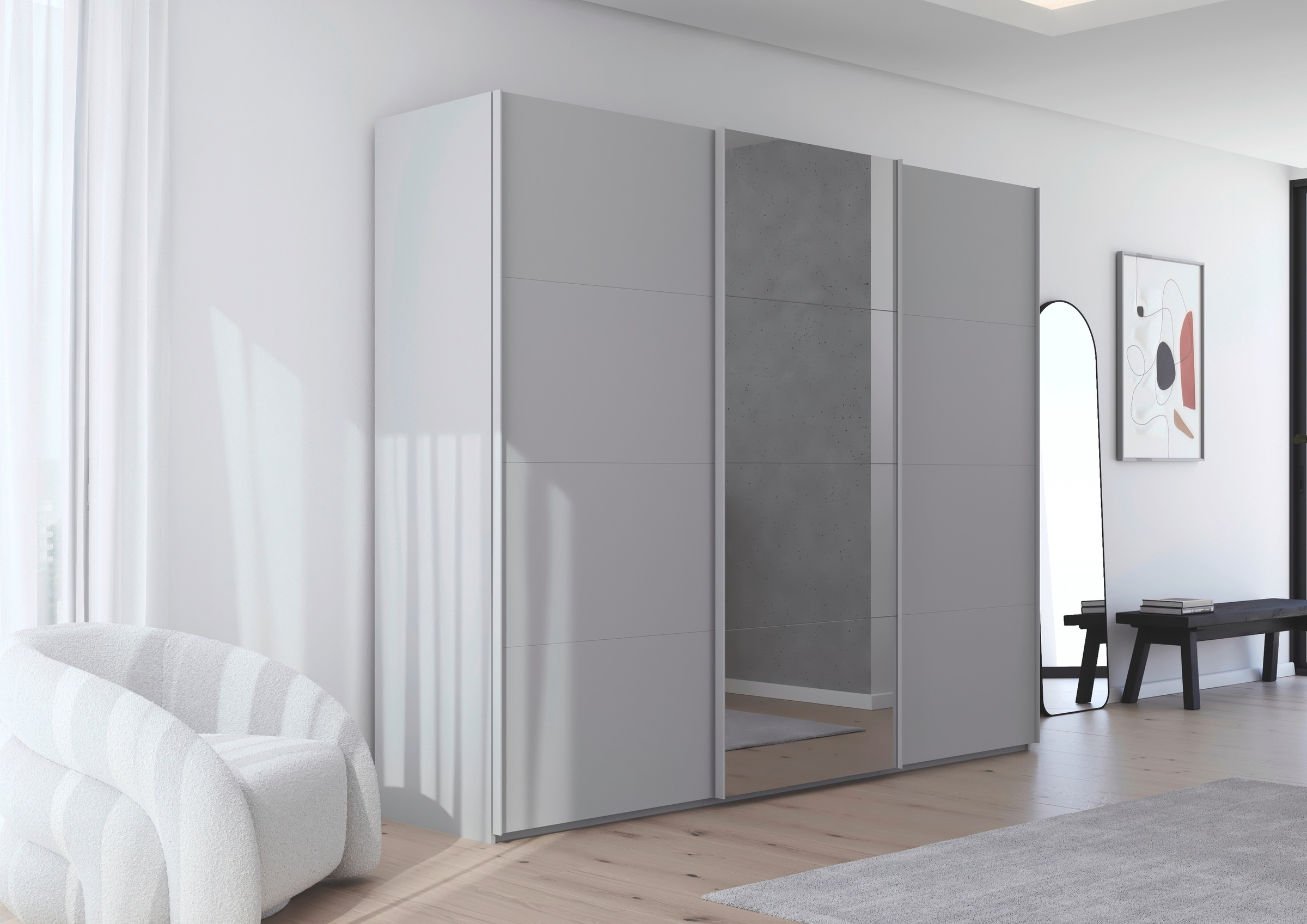 rauch Schwebetürenschrank »Kleiderschrank Schrank Garderobe Schlafzimmerschrank SCALE-FYRA«, edle viergeteilte Türen mit Spiegel und vielen Farben MADE IN GERMANY