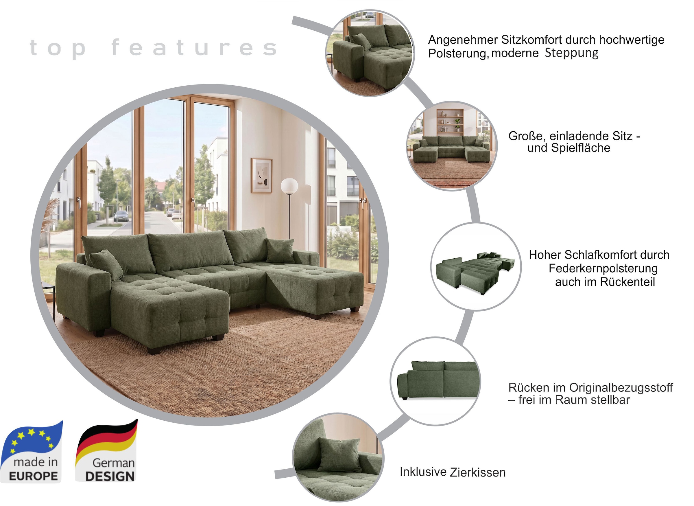 COLLECTION AB Wohnlandschaft »Bella U-Form, Breite 314 cm« Wonlandschaft, Schlaffunktion,Bonnelfederkern,Rückenkissen