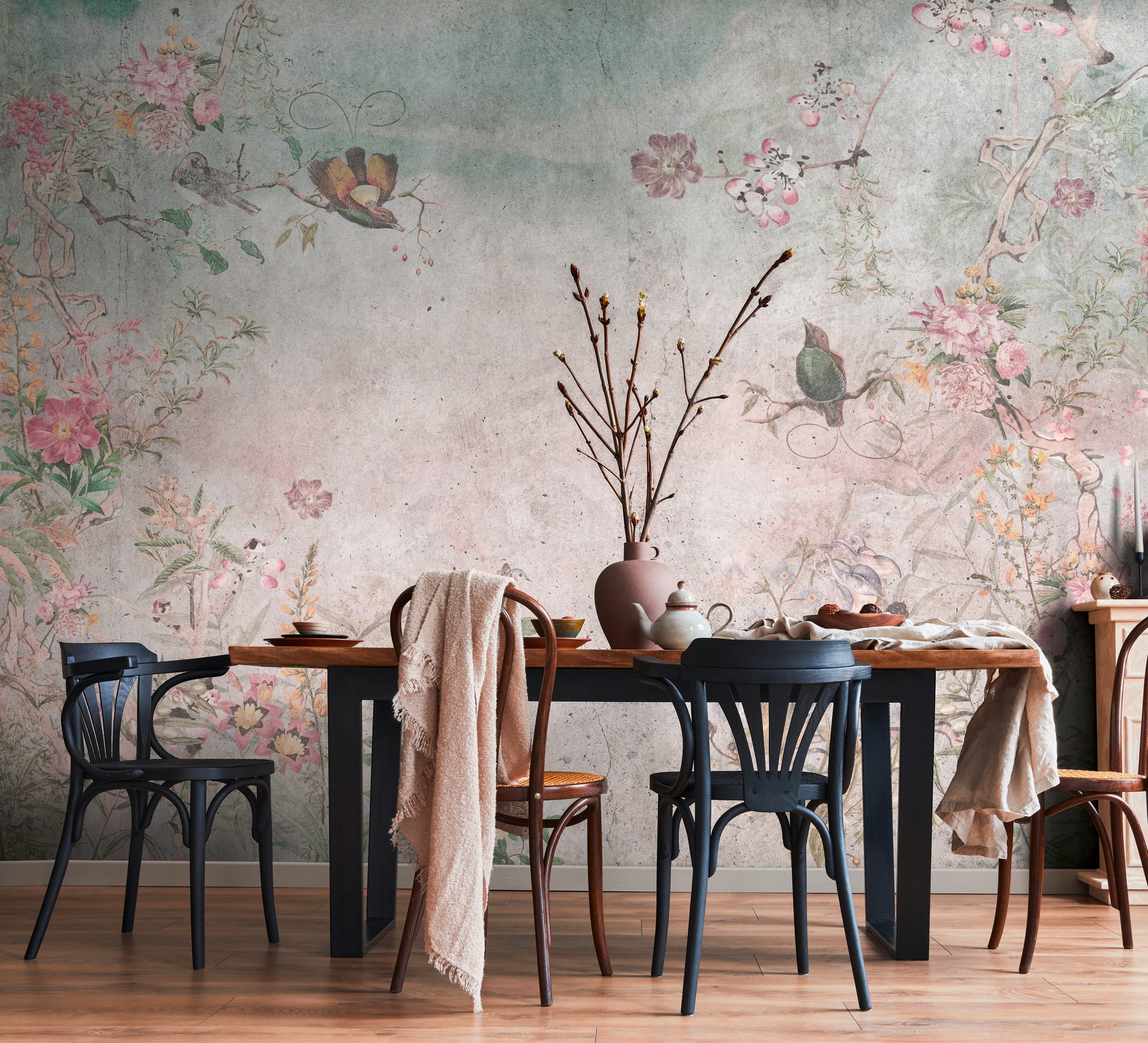 living walls Fototapete "THE WALL III florale Tapete Motivtapete Blumen Vögel" matt glatt Vliestapete Vögel für Schlafzimmer Küche Wohnzimmer Floral Design Flur