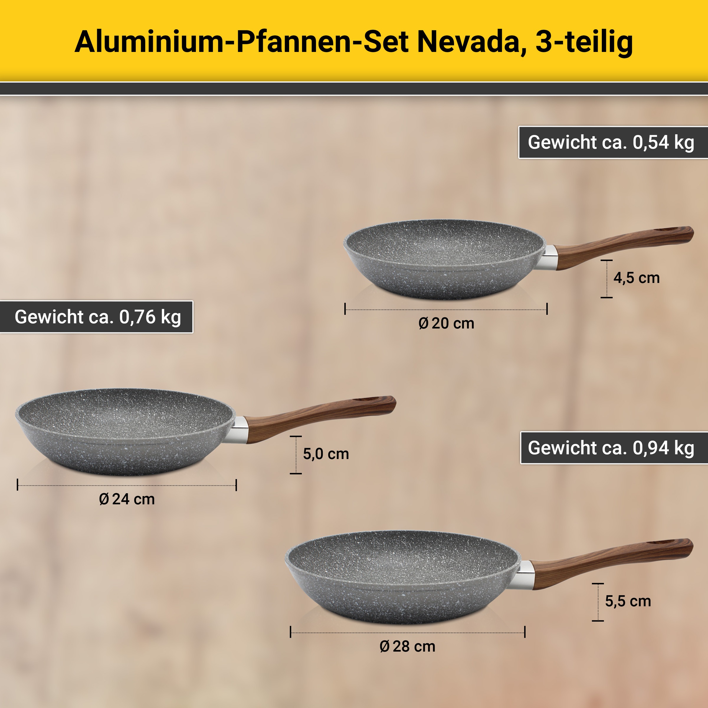 Krüger Pfannen-Set »Nevada«, Aluminium, (Set, 3 tlg.), Soft-Touch-Griff, Ø 20/24/28 cm, Induktion