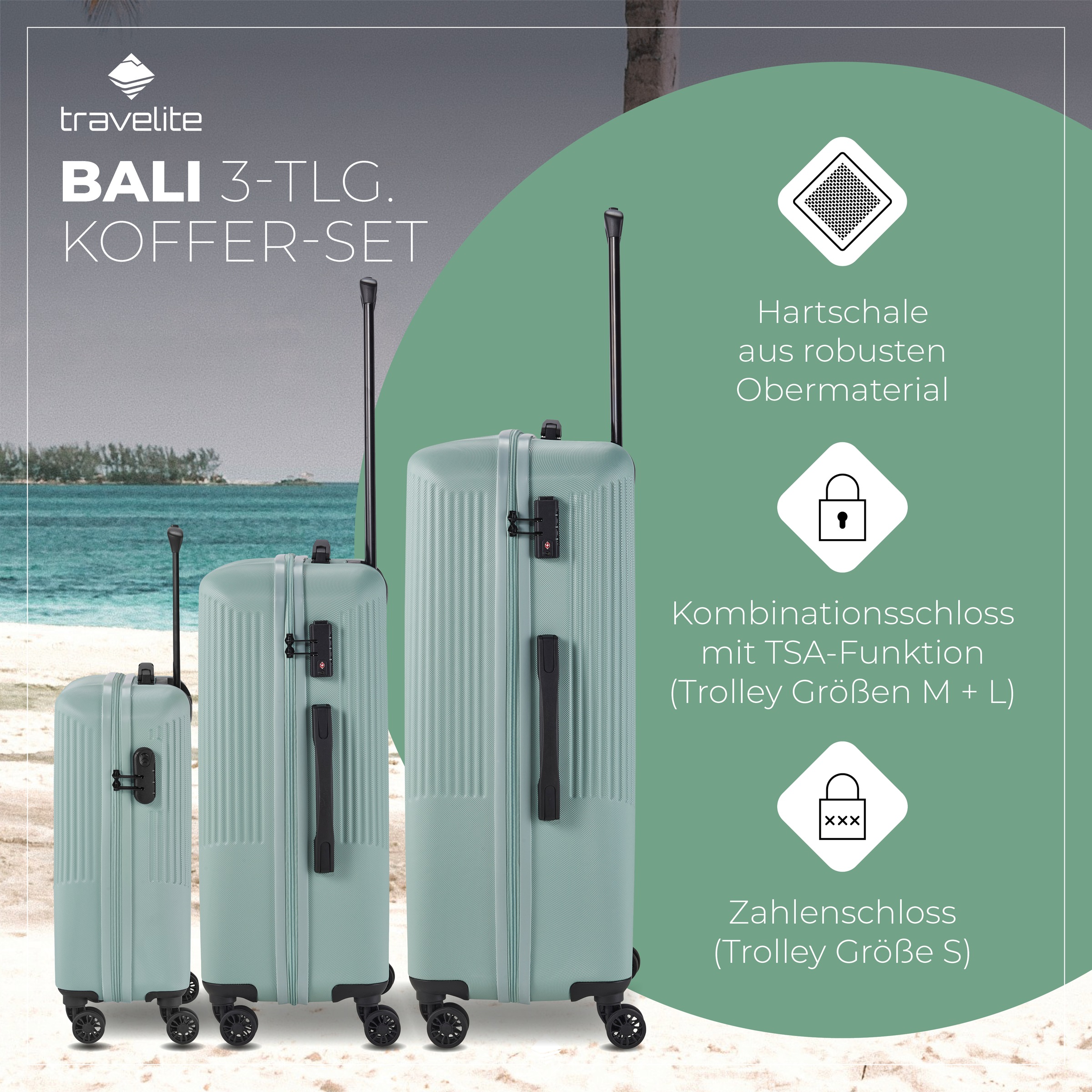 travelite Trolleyset »BALI 4w L/M/S«, (Set, 3 tlg., Hartschalen Trolley Set), Kofferset Reisegepäck Reisekoffer Hartschallenkoffer TSA Schloss
