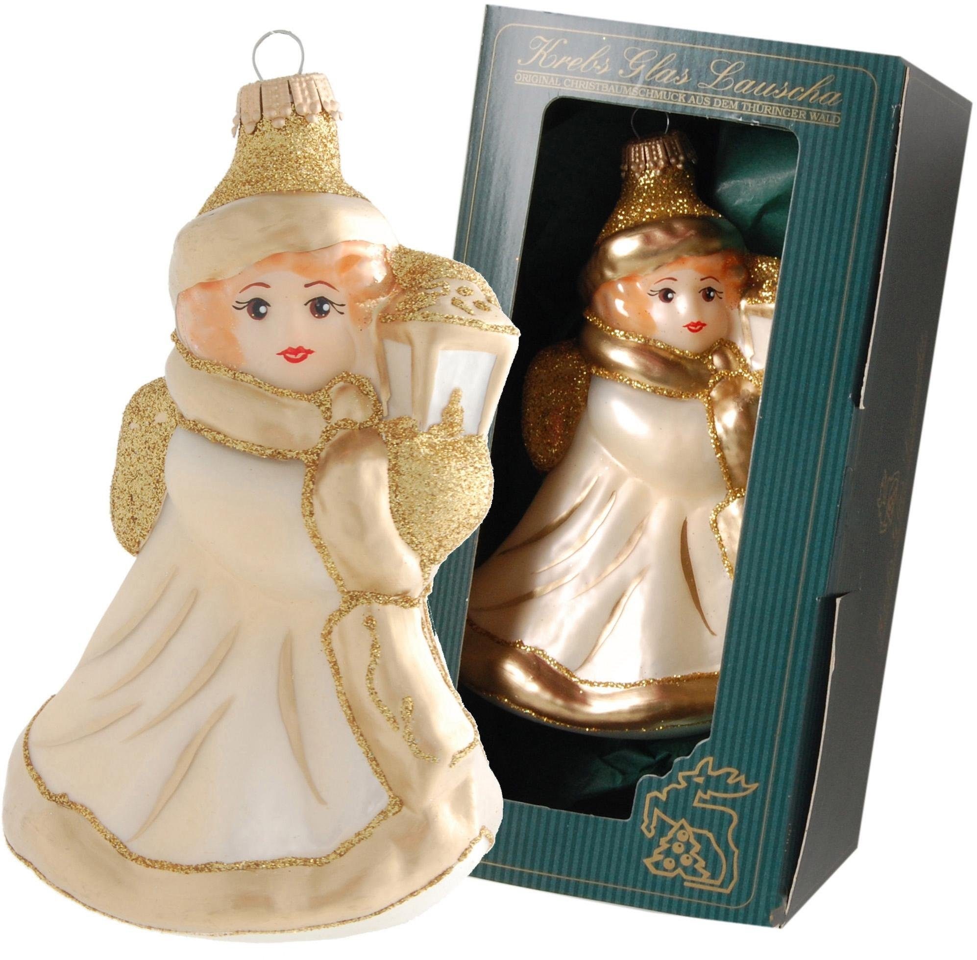 Krebs Glas Lauscha Engel 13cm | Mundgeblasen Handbemalt | Weihnachtsdekoration Beige/Gold