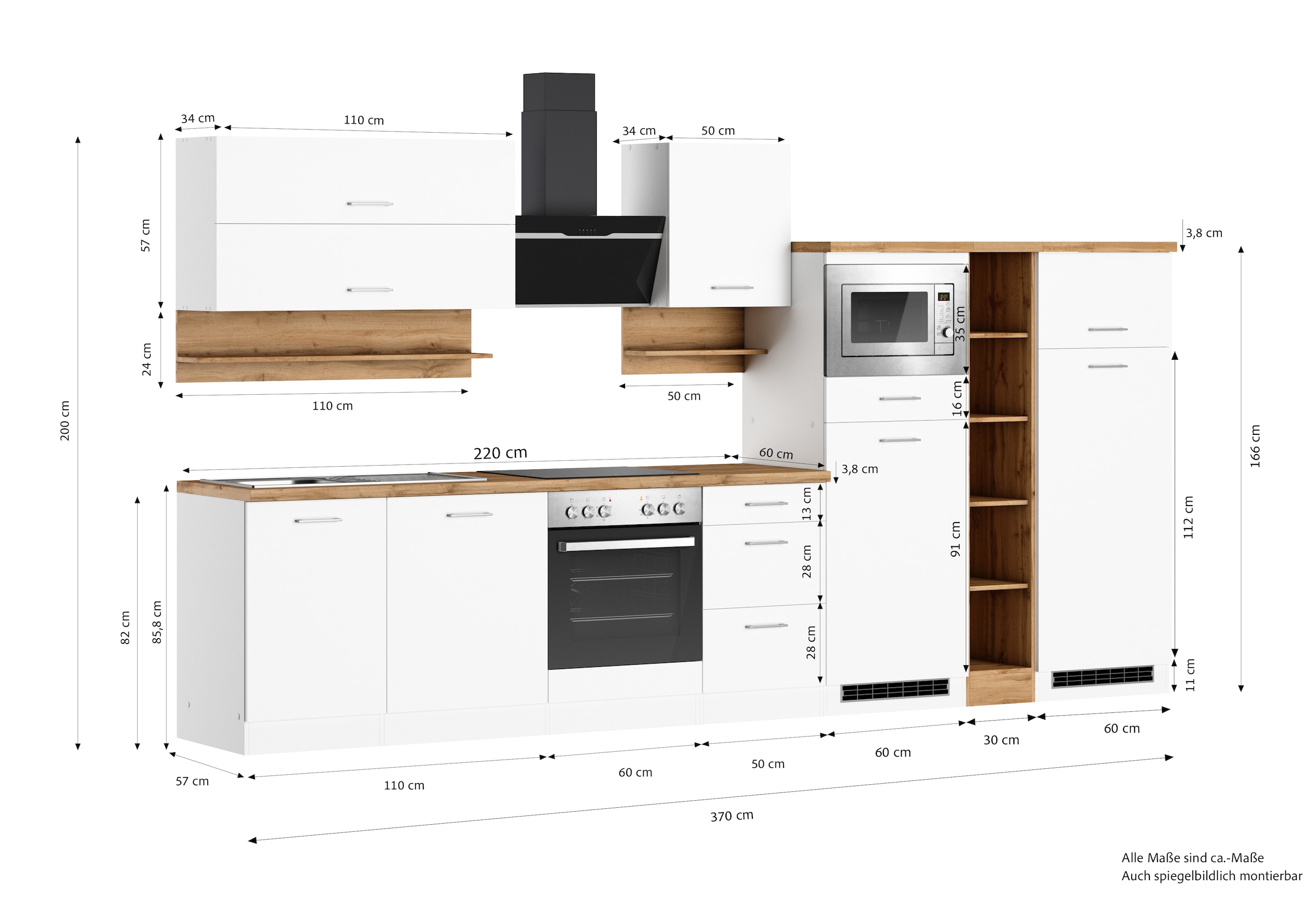 KOCHSTATION Küchenzeile »KS-Milan«, 370 cm breit, robuste Metallauszüge, viel Stauraum