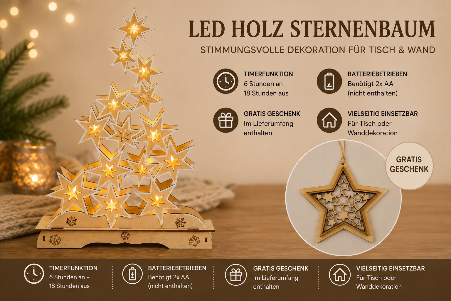 OTTO home LED Dekoobjekt »Holzdekoration Weihnachten« 1 Stk. Warmweiß Gratis-Hänger, 6h-Timer,Höhe 21 cm