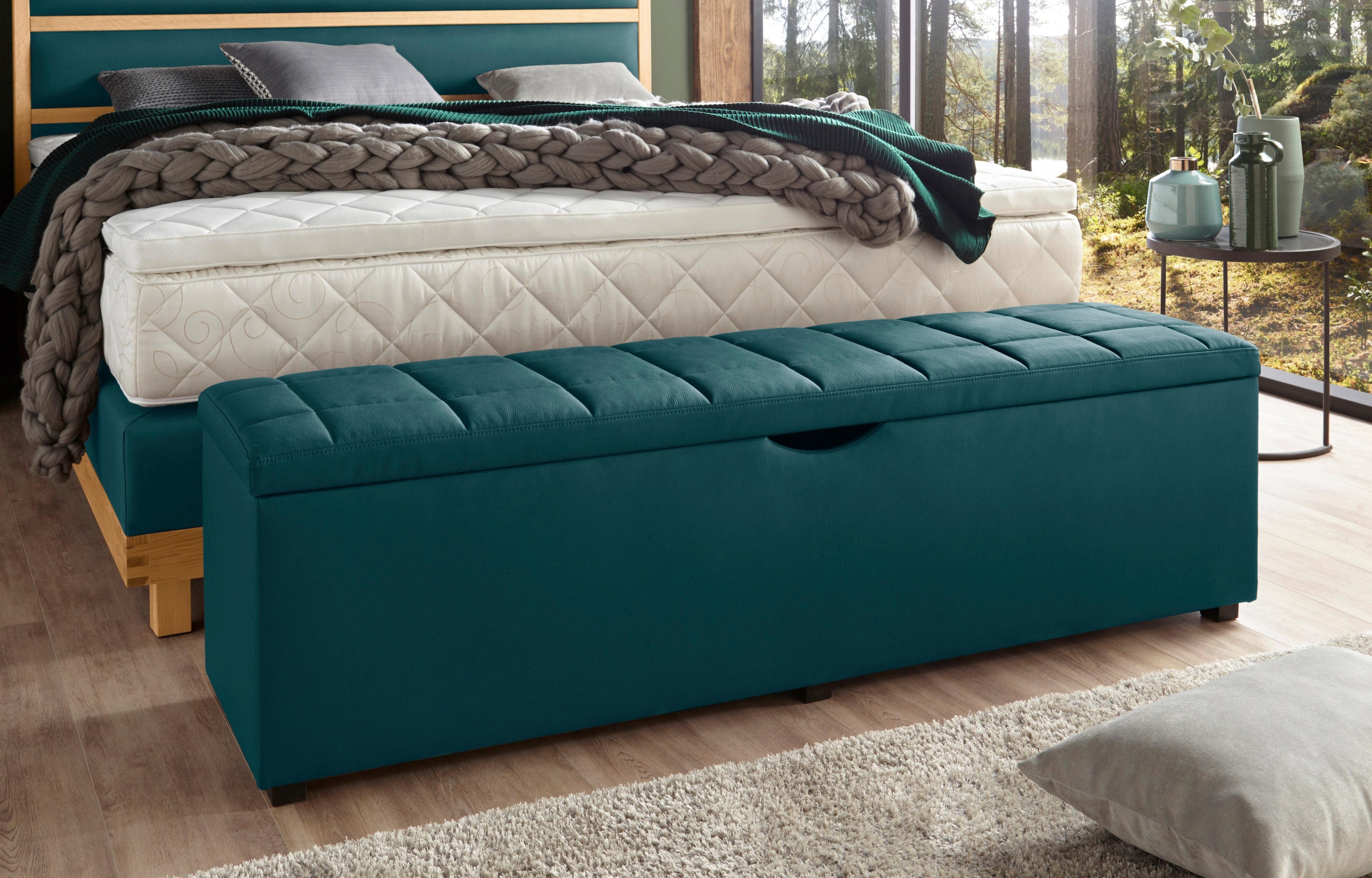 Hockerbank HOME AFFAIRE "Checked", blau (petrol), B:160cm H:42cm T:40cm, Struktur fein (100% Polyester) für Bett Classico, Piazza, Premium und Vega;Struktur (100% Polyester) für Bett Crato und Lucina;Struktur (60% Baumwolle, 40% Leinen) für Bett Kiss;Kuns