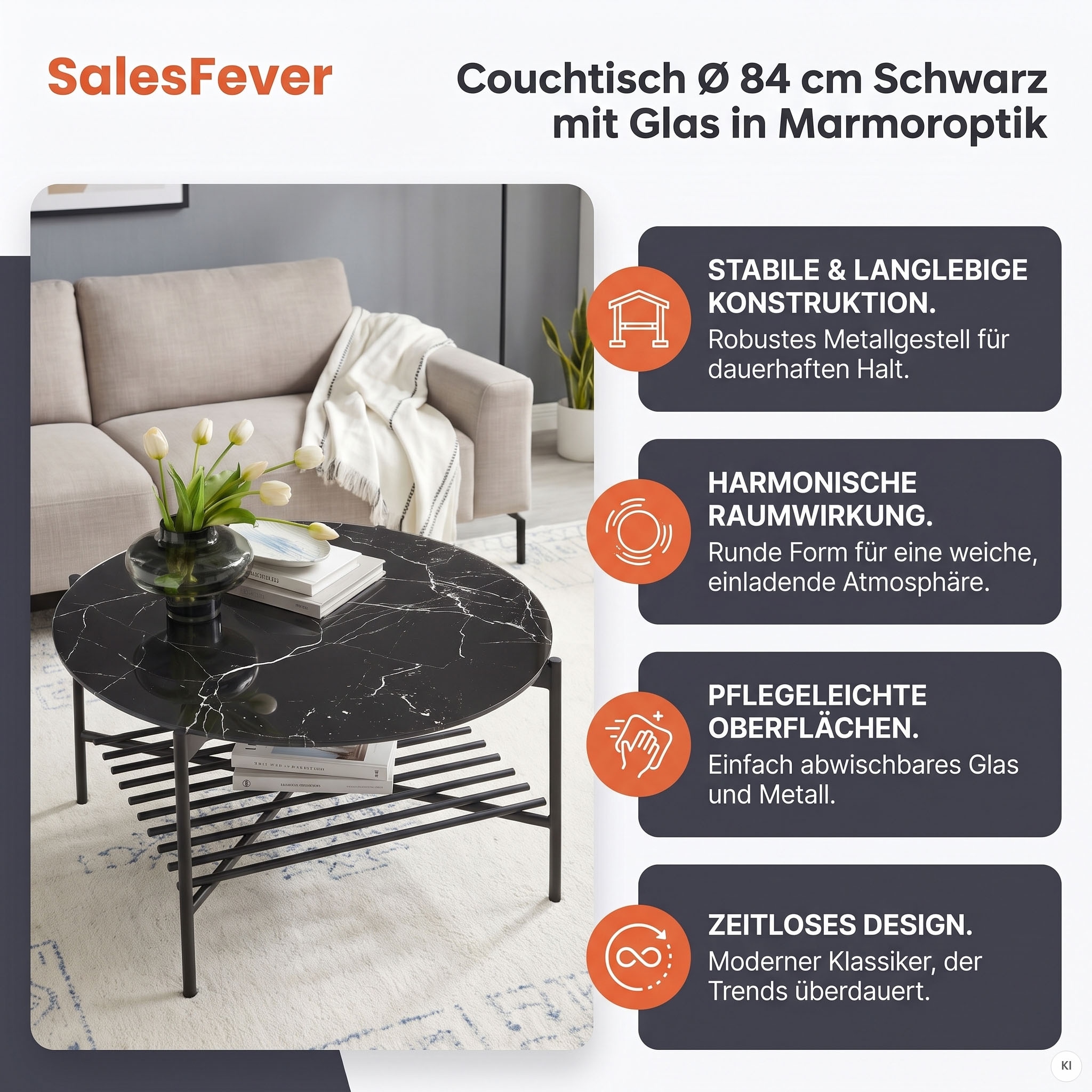 SalesFever Couchtisch »Coffeetable Wohnzimmertisch im minimalistischen Stil« 1 Stk. tlg. Glasplatte in Marmoroptik