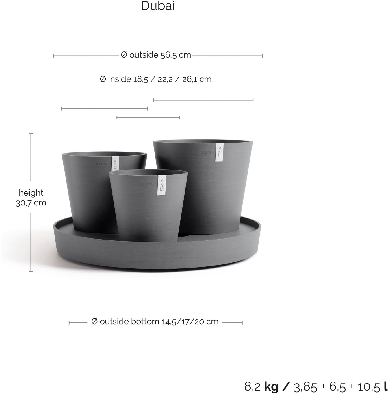 ECOPOTS Blumentopf »Dubai Grau« für innen und außen: frostsicher, bruchsicher und lichtbeständig
