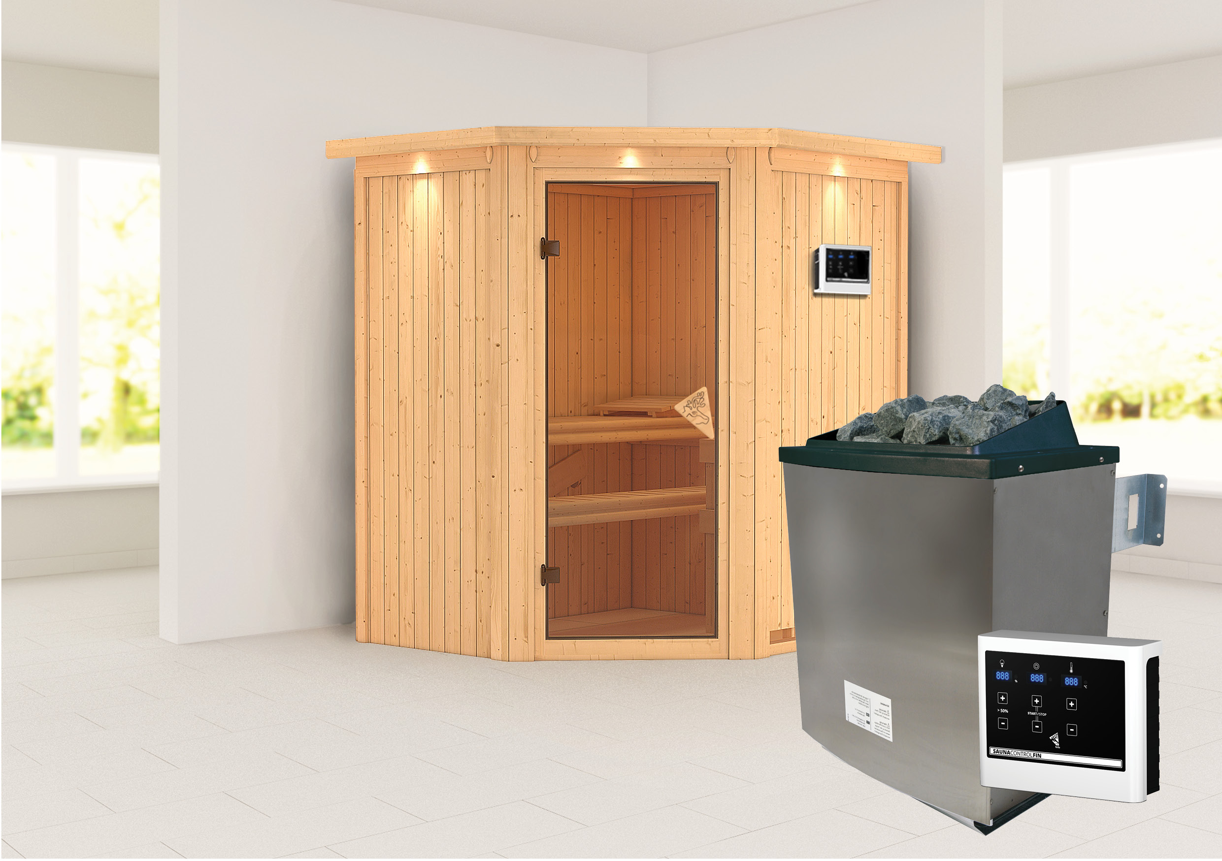 Karibu Sauna ""Liyah" mit bronzierter Tür und Kranz naturbelassen" Set, in verschiedenen Ausführungen erhältlich